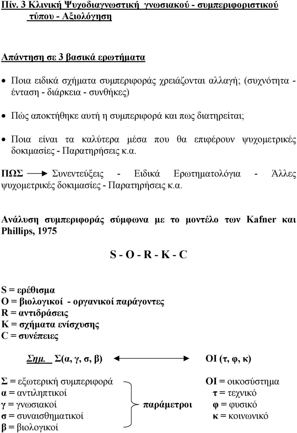 α. Ανάλυση συµπεριφοράς σύµφωνα µε το µοντέλο των Kafner και Phillips, 1975 S - O - R - K - C S = ερέθισµα O = βιολογικοί - οργανικοί παράγοντες R = αντιδράσεις K = σχήµατα ενίσχυσης C = συνέπειες