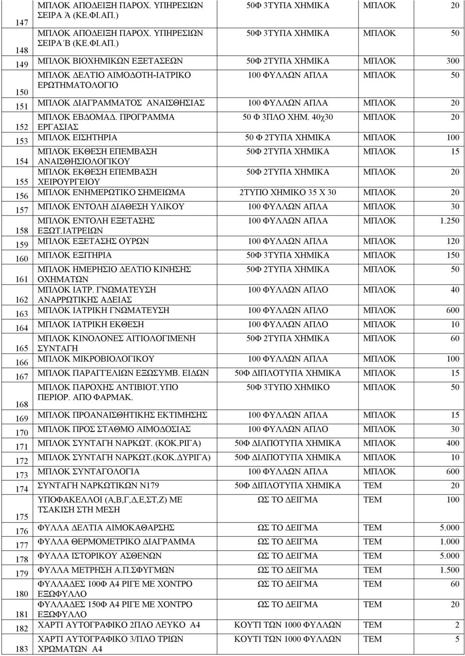) 50Φ 3ΤΥΠΑ ΧΗΜΙΚΑ ΜΠΛΟΚ 20 50Φ 3ΤΥΠΑ ΧΗΜΙΚΑ ΜΠΛΟΚ 50 ΜΠΛΟΚ ΒΙΟΧΗΜΙΚΩΝ ΕΞΕΤΑΣΕΩΝ 50Φ 2ΤΥΠΑ ΧΗΜΙΚΑ ΜΠΛΟΚ 300 ΜΠΛΟΚ ΔΕΛΤΙΟ ΑΙΜΟΔΟΤΗ-ΙΑΤΡΙΚΟ ΕΡΩΤΗΜΑΤΟΛΟΓΙΟ 100 ΦΥΛΛΩΝ ΑΠΛΑ ΜΠΛΟΚ 50 ΜΠΛΟΚ ΔΙΑΓΡΑΜΜΑΤΟΣ