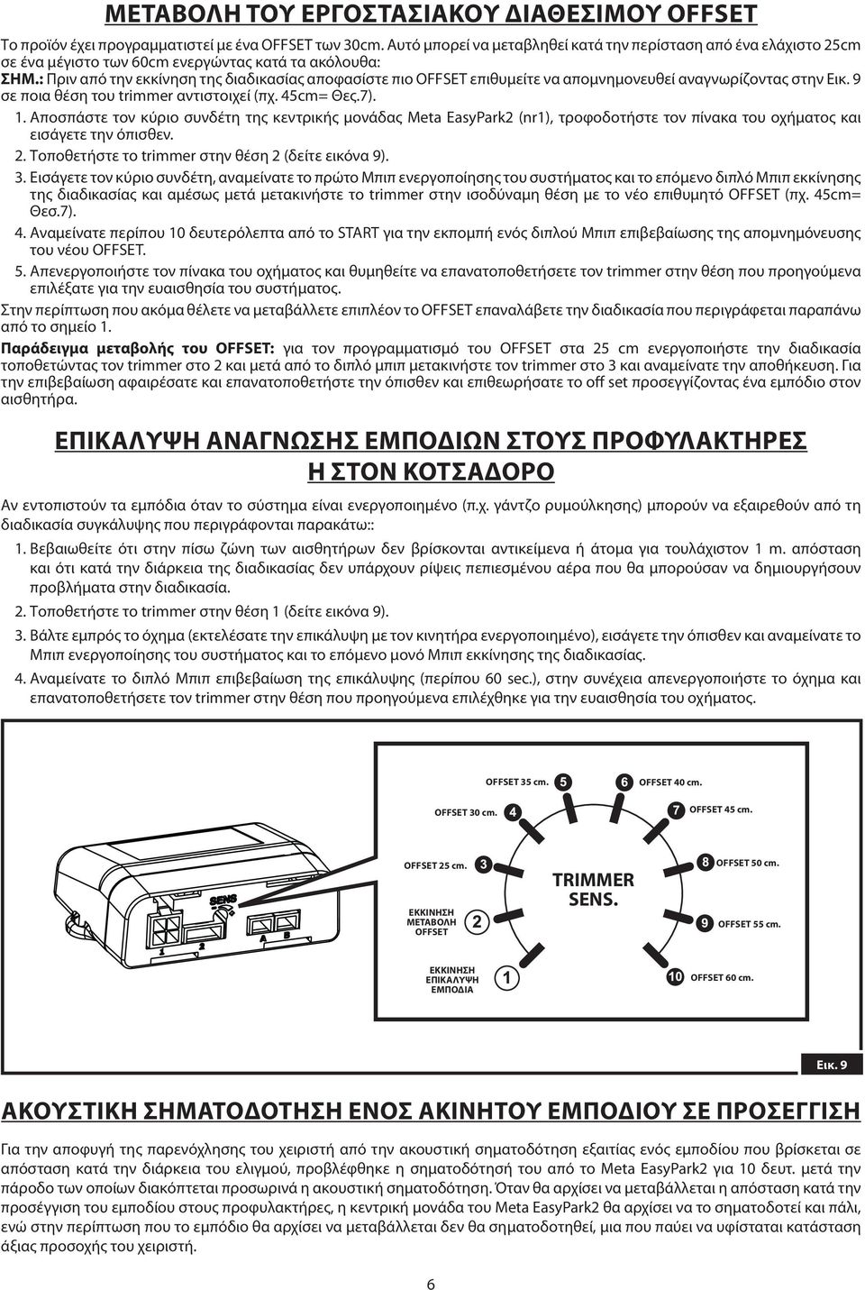 : Πριν από την εκκίνηση της διαδικασίας αποφασίστε πιο OFFSET επιθυμείτε να απομνημονευθεί αναγνωρίζοντας στην Εικ. 9 σε ποια θέση του trimmer αντιστοιχεί (πχ. 45cm= Θες.7). 1.