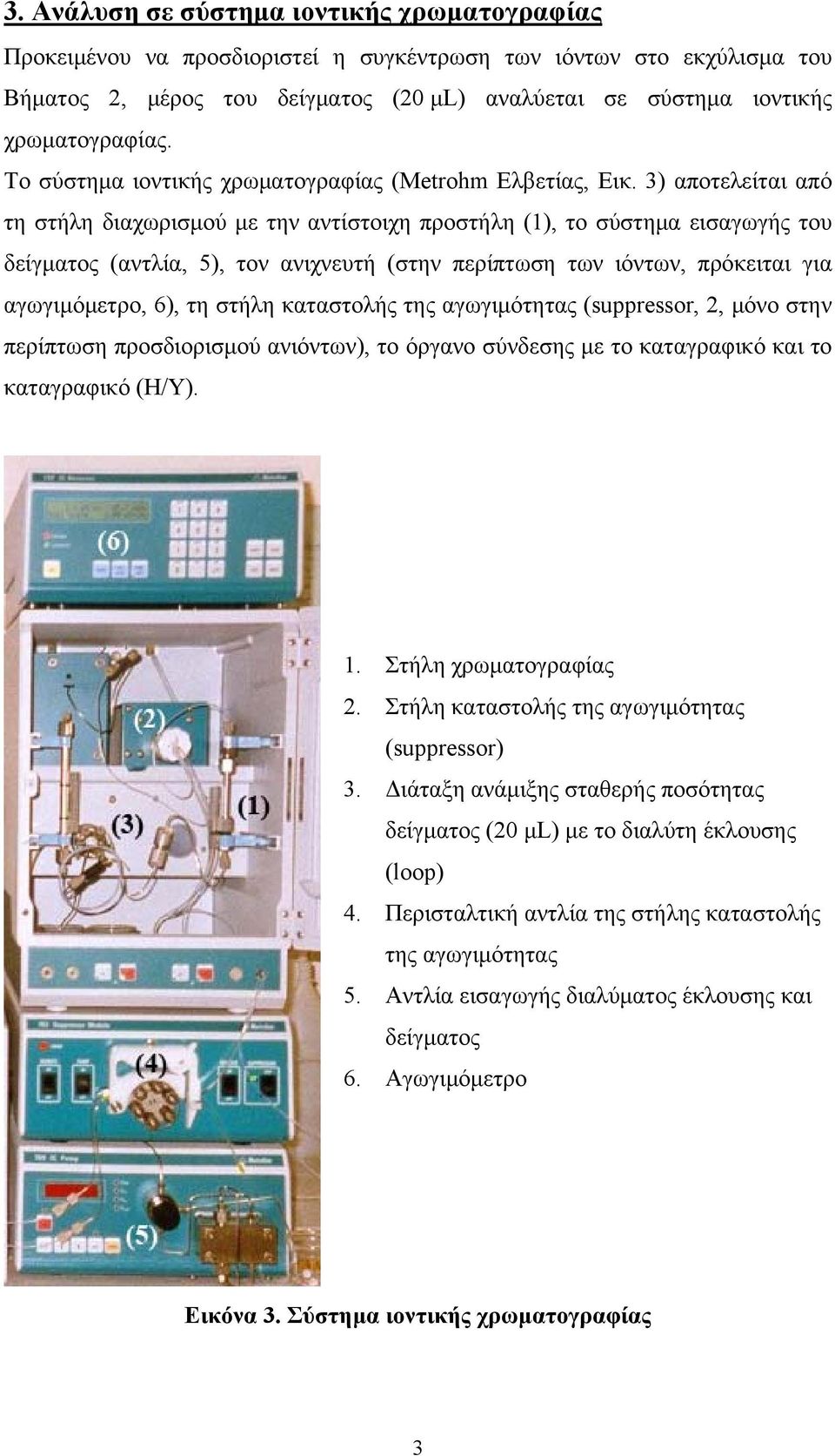 3) αποτελείται από τη στήλη διαχωρισμού με την αντίστοιχη προστήλη (1), το σύστημα εισαγωγής του δείγματος (αντλία, 5), τον ανιχνευτή (στην περίπτωση των ιόντων, πρόκειται για αγωγιμόμετρο, 6), τη