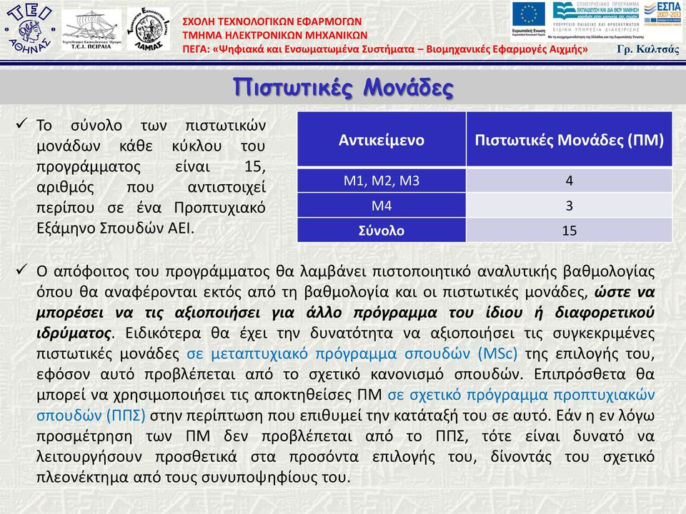 πιστωτικές μονάδες, ώστε να μπορέσει να τις αξιοποιήσει για άλλο πρόγραμμα του ίδιου ή διαφορετικού ιδρύματος.