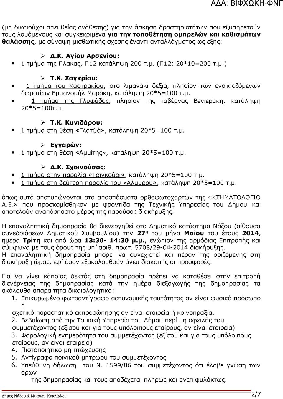 μ. 1 τμήμα της Γλυφάδας, πλησίον της ταβέρνας Βενιεράκη, κατάληψη 20*5=100τ.μ. Τ.Κ. Κυνιδάρου: 1 τμήμα στη θέση «Γλατζιά», κατάληψη 20*5=100 τ.μ. Εγγαρών: 1 τμήμα στη θέση «Αμμίτης», κατάληψη 20*5=100 τ.