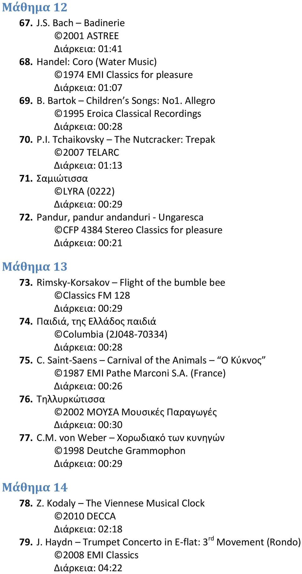 Pandur, pandur andanduri - Ungaresca CFP 4384 Stereo Classics for pleasure Διάρκεια: 00:21 Μάθημα 13 73. Rimsky-Korsakov Flight of the bumble bee Classics FM 128 74.