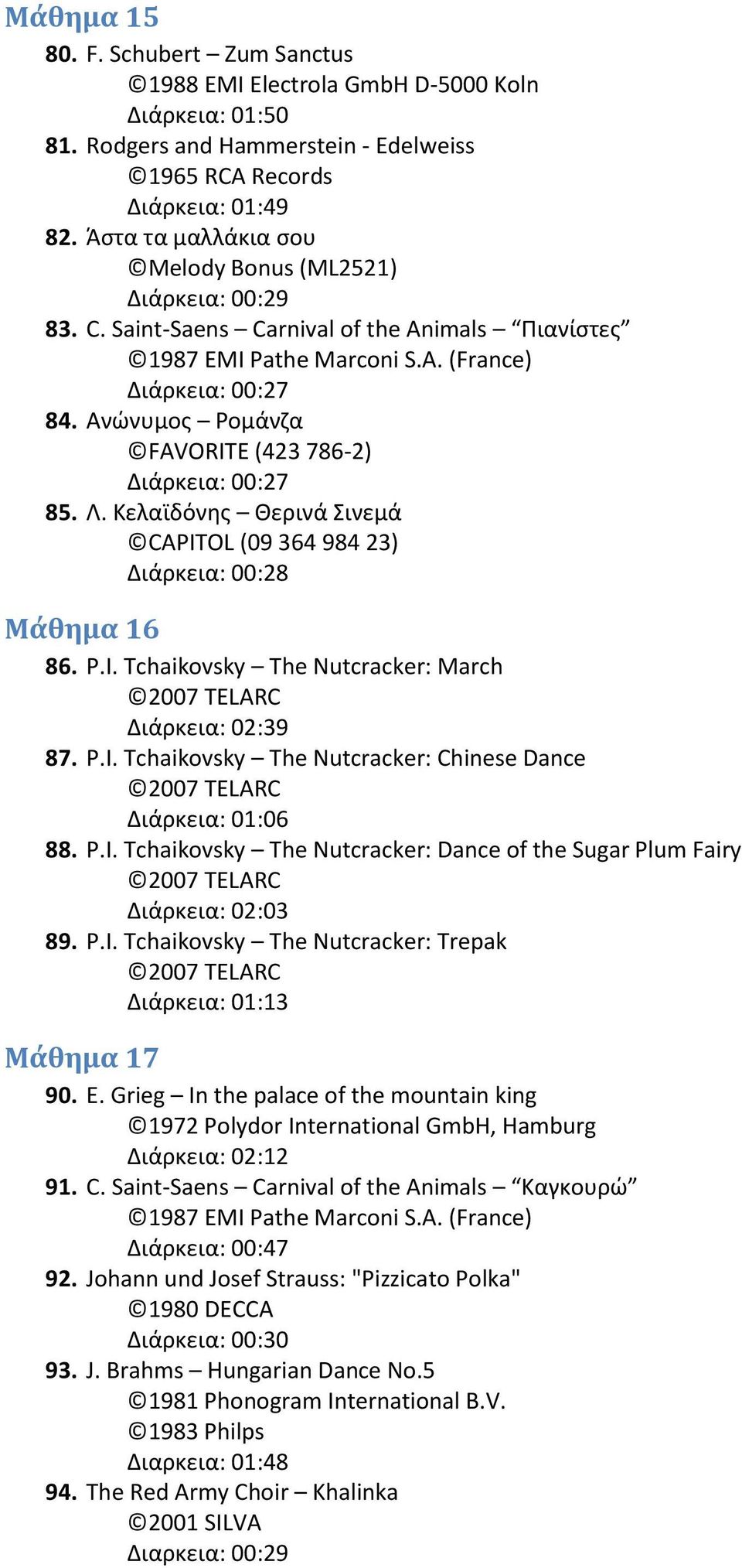 Κελαϊδόνθσ Κερινά ινεμά CAPITOL (09 364 984 23) Διάρκεια: 00:28 Μάθημα 16 86. P.I. Tchaikovsky The Nutcracker: March Διάρκεια: 02:39 87. P.I. Tchaikovsky The Nutcracker: Chinese Dance Διάρκεια: 01:06 88.
