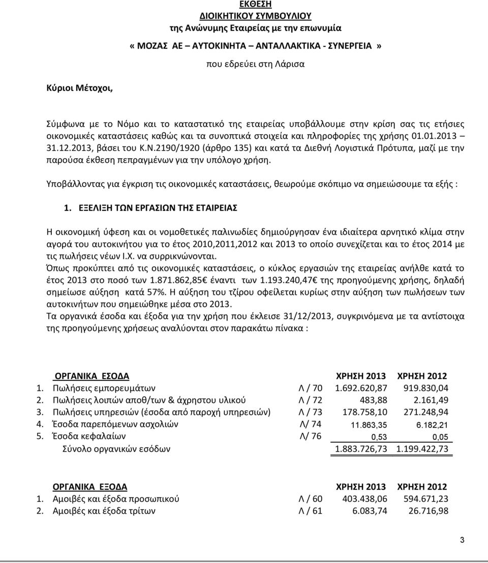 2190/1920 (άρθρο 135) και κατά τα Διεθνή Λογιστικά Πρότυπα, μαζί με την παρούσα έκθεση πεπραγμένων για την υπόλογο χρήση.