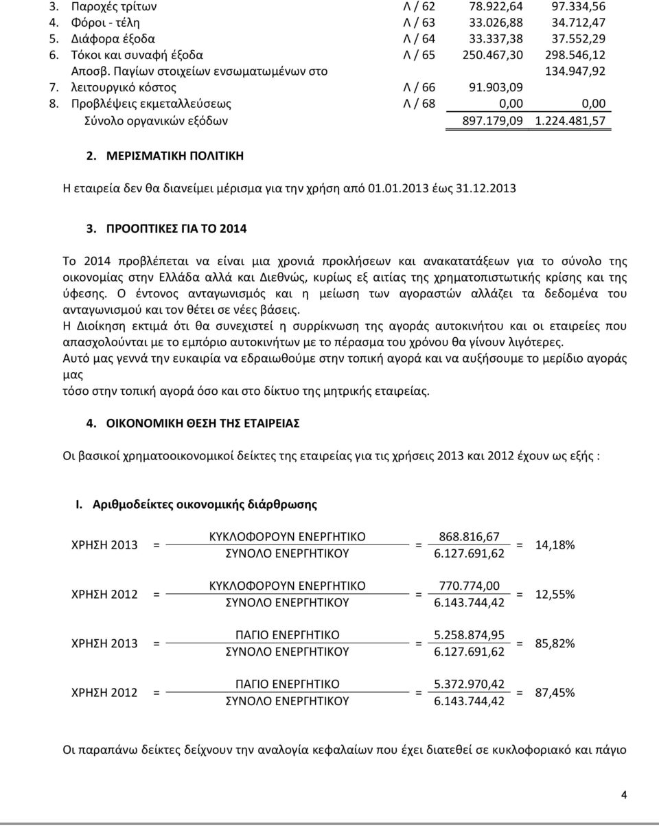 ΜΕΡΙΣΜΑΤΙΚΗ ΠΟΛΙΤΙΚΗ Η εταιρεία δεν θα διανείμει μέρισμα για την χρήση από 01.01.2013 έως 31.12.2013 3.