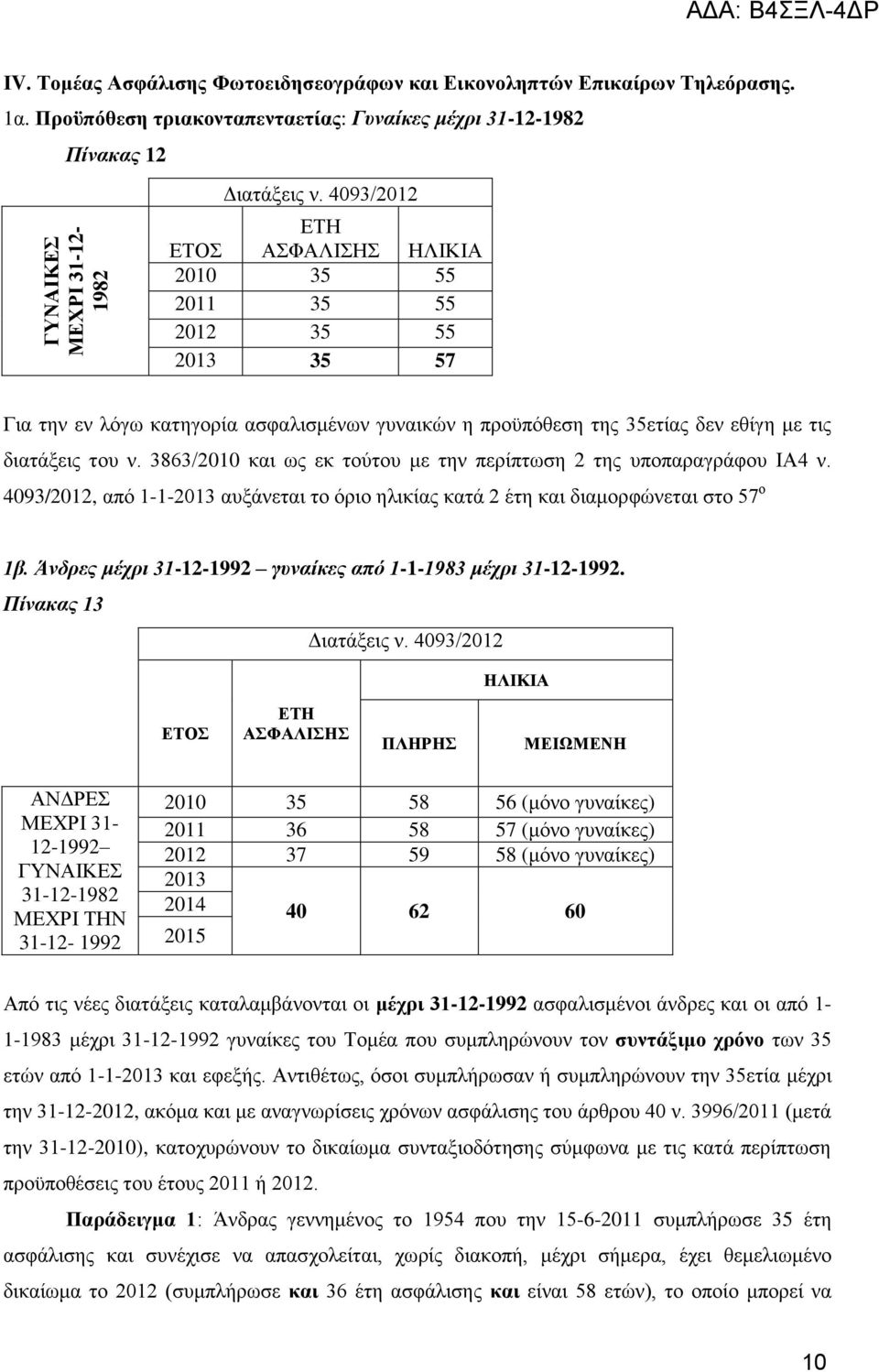 κε ηηο δηαηάμεηο ηνπ λ. 3863/ θαη σο εθ ηνχηνπ κε ηελ πεξίπησζε 2 ηεο ππνπαξαγξάθνπ ΙΑ4 λ. 4093/2012, απφ 1-1- απμάλεηαη ην φξην ειηθίαο θαηά 2 έηε θαη δηακνξθψλεηαη ζην 57 ν 1β.