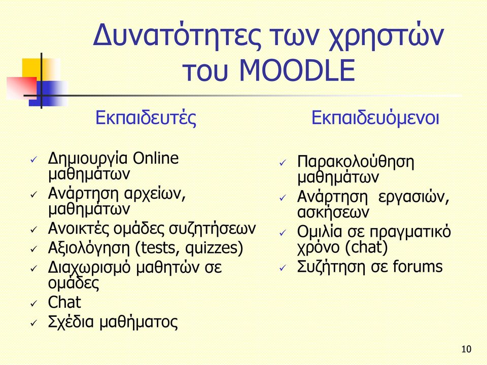 (tests, quizzes) Διαχωρισμό μαθητών σε ομάδες Chat Σχέδια μαθήματος Παρακολούθηση