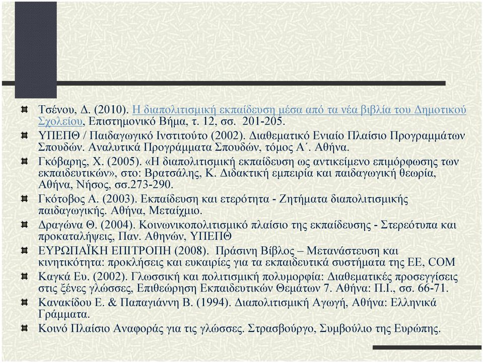 «Η διαπολιτισμική εκπαίδευση ως αντικείμενο επιμόρφωσης των εκπαιδευτικών», στο: Βρατσάλης, Κ. Διδακτική εμπειρία και παιδαγωγική θεωρία, Αθήνα, Νήσος, σσ.273-290. Γκότοβος Α. (2003).