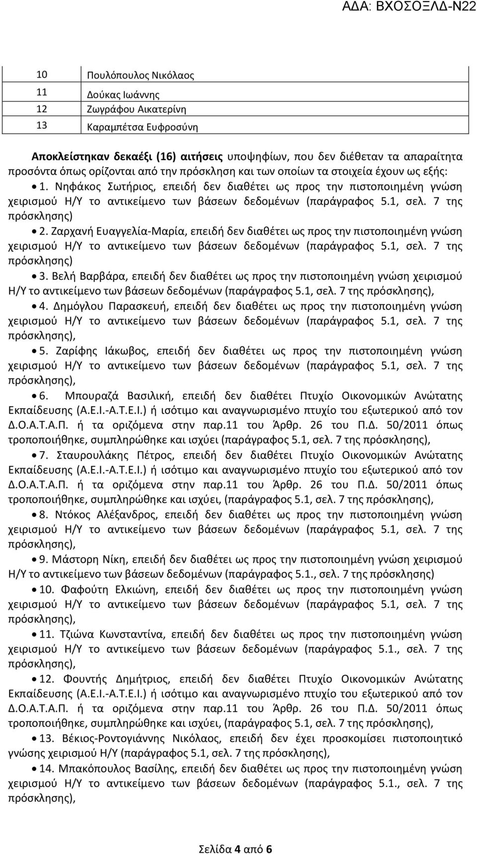 Ζαρχανή Ευαγγελία-Μαρία, επειδή δεν διαθέτει ως προς την πιστοποιημένη γνώση πρόσκλησης) 3.