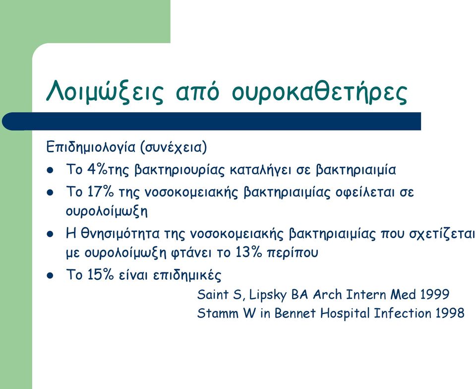 βακτηριαιμίας που σχετίζεται με ουρολοίμωξη φτάνει το 13% περίπου Το 15% είναι