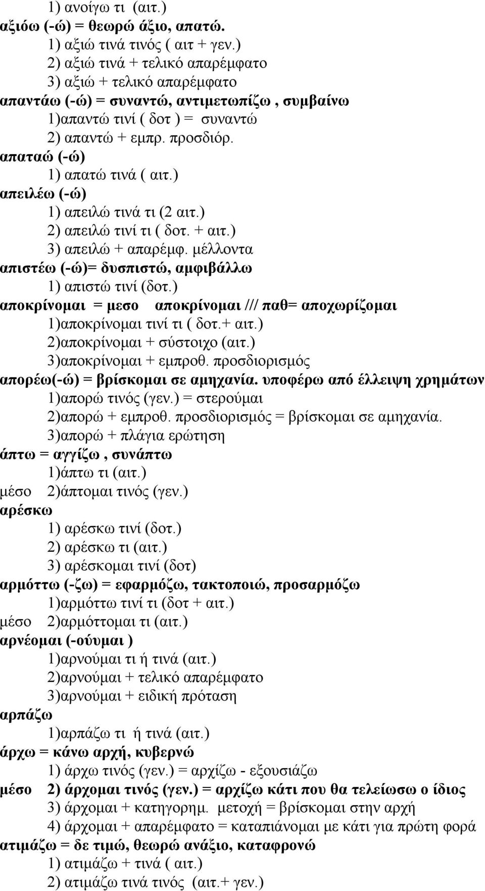 απαταώ (-ώ) 1) απατώ τινά ( αιτ.) απειλέω (-ώ) 1) απειλώ τινά τι (2 αιτ.) 2) απειλώ τινί τι ( δοτ. + αιτ.) 3) απειλώ + απαρέµφ. µέλλοντα απιστέω (-ώ)= δυσπιστώ, αµφιβάλλω 1) απιστώ τινί (δοτ.