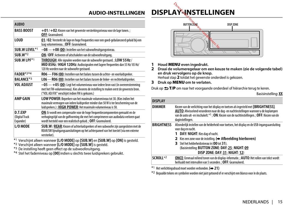 W LEVEL *1 08 +08 (00): Instellen van het subwooferuitgangsniveau. SUB.W *2 ON / OFF: Activeren of uitschakelen van de subwooferuitgang. SUB.W LPF *1 THROUGH: Alle signalen worden naar de subwoofer gestuurd.