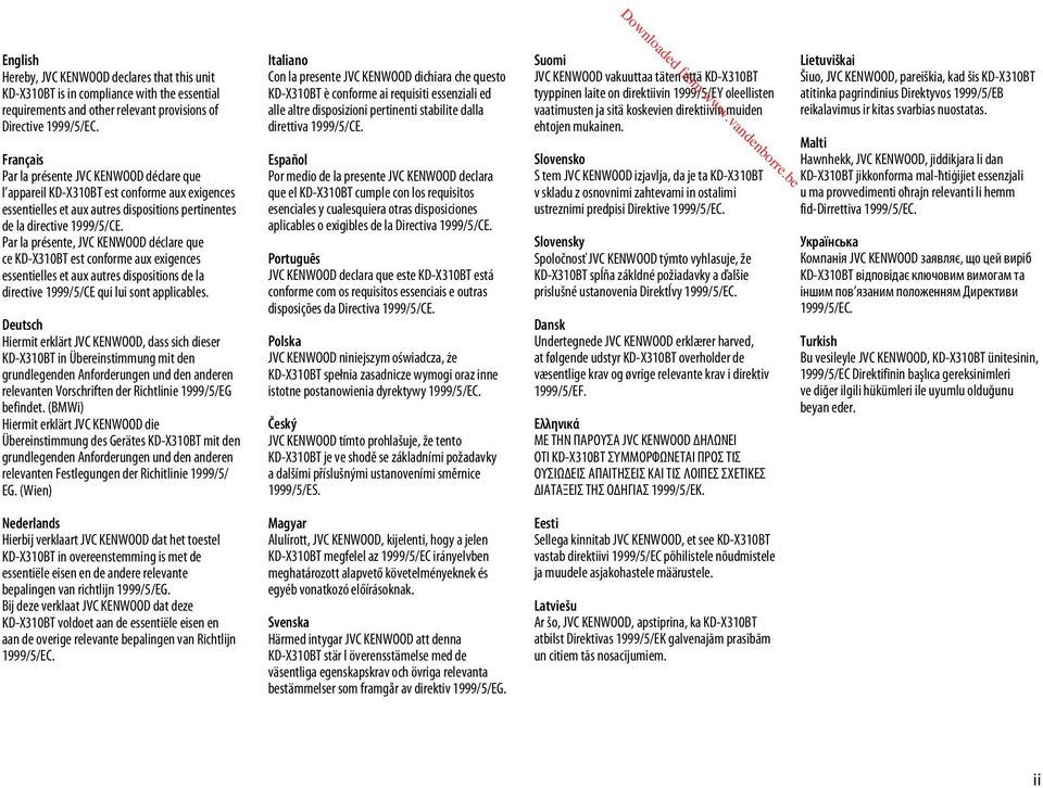 Par la présente, JVC KENWOOD déclare que ce KD-X310BT est conforme aux exigences essentielles et aux autres dispositions de la directive 1999/5/CE qui lui sont applicables.