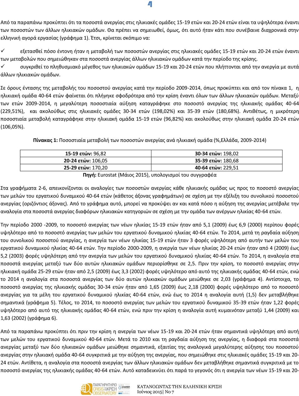 Έτσι, κρίνεται σκόπιμο να: εξετασθεί πόσο έντονη ήταν η μεταβολή των ποσοστών ανεργίας στις ηλικιακές ομάδες 15-19 και 20-24 έναντι των μεταβολών που σημειώθηκαν στα ποσοστά ανεργίας άλλων ηλικιακών