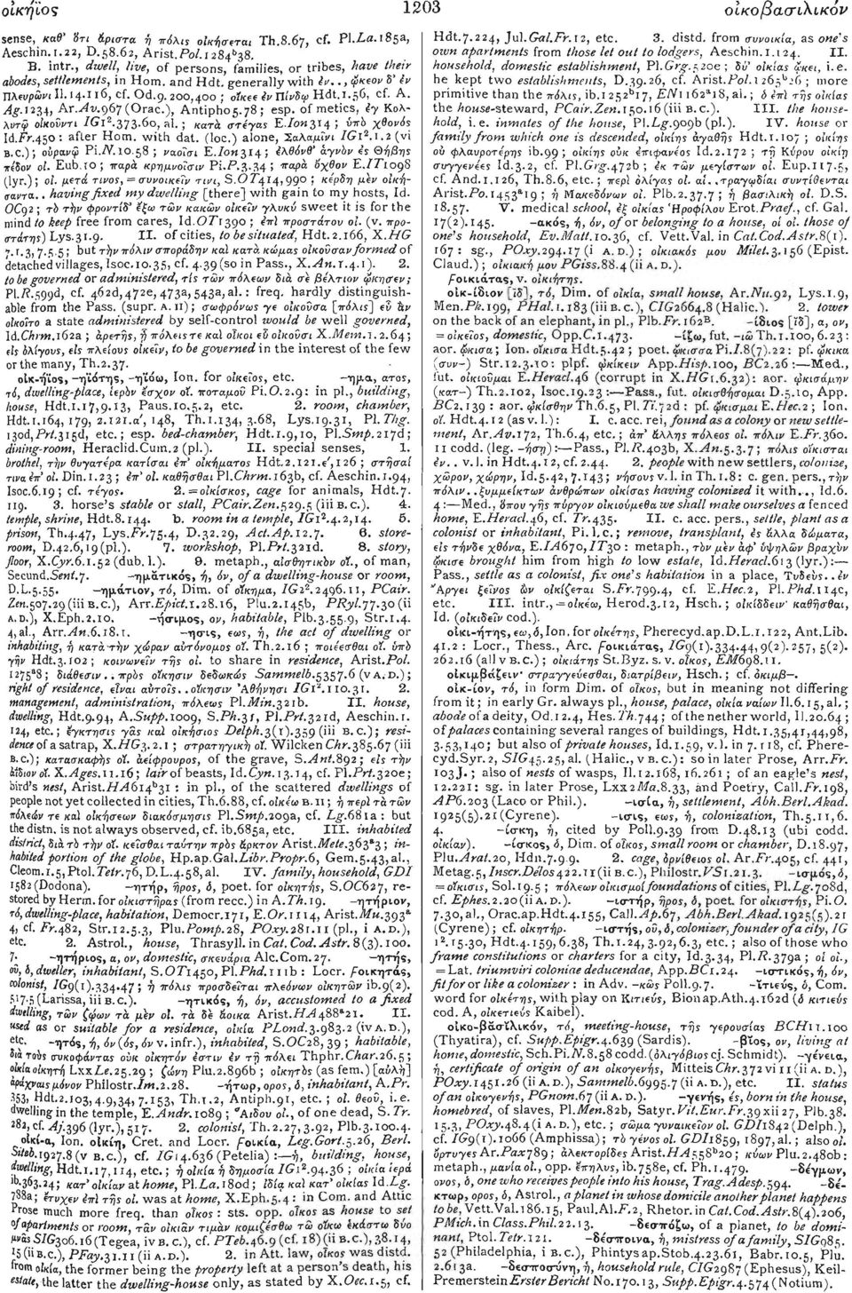 A. ^.1234, Ar.yif.967 (Orae.), Antipho5 78 ; esp. of metics, 4γ Κολλυτψ οΐκοΰντι IG! 2.373.6ο, al.; κατά στεγας E./0J1314 ; u7rb χθονός IdPr.450: after Horn, with dat. (10c.) alone, Χαλαμΐνι /G1 2.1.2(vi B.
