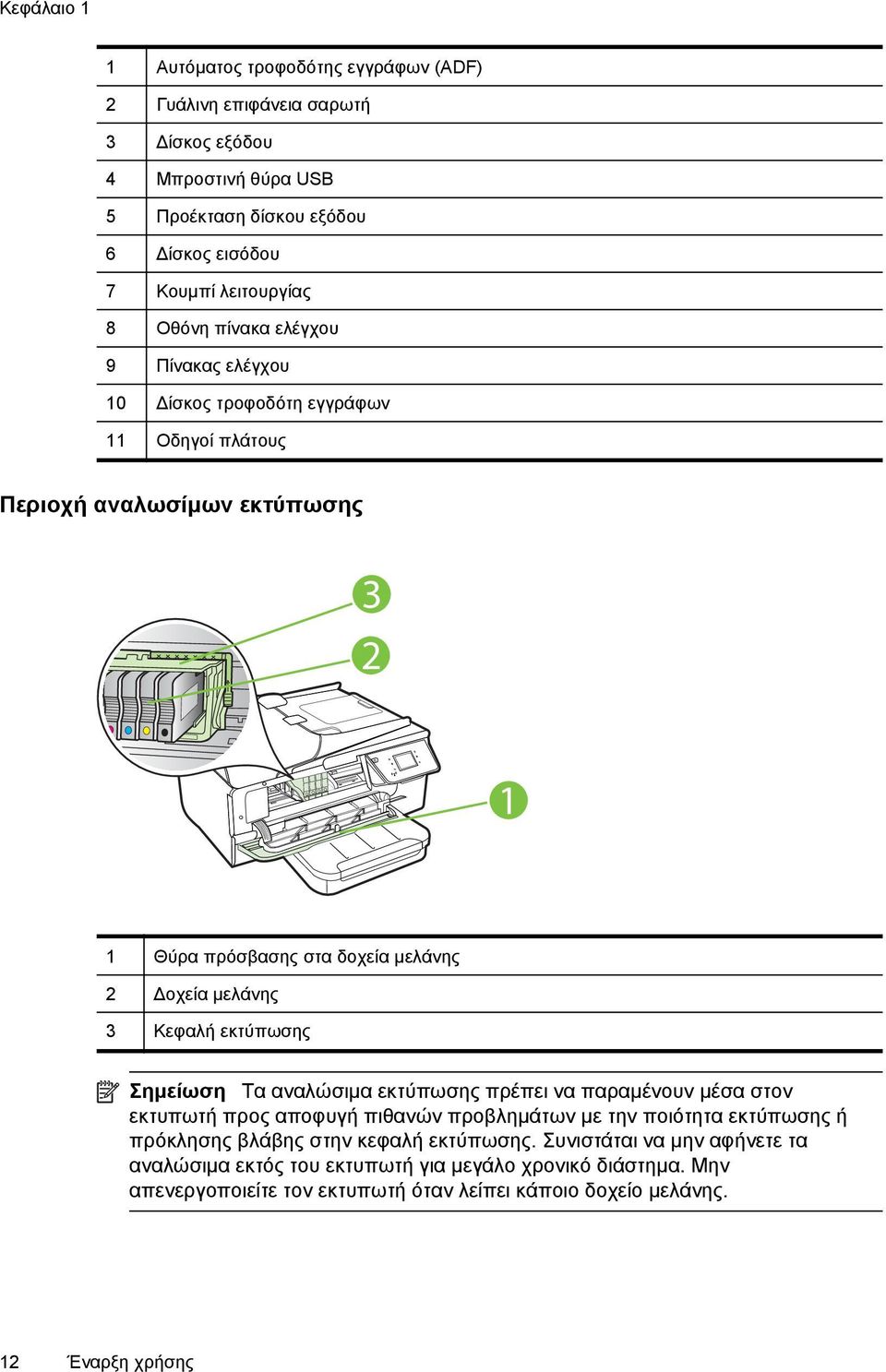 Κεφαλή εκτύπωσης Σημείωση Τα αναλώσιμα εκτύπωσης πρέπει να παραμένουν μέσα στον εκτυπωτή προς αποφυγή πιθανών προβλημάτων με την ποιότητα εκτύπωσης ή πρόκλησης βλάβης στην κεφαλή