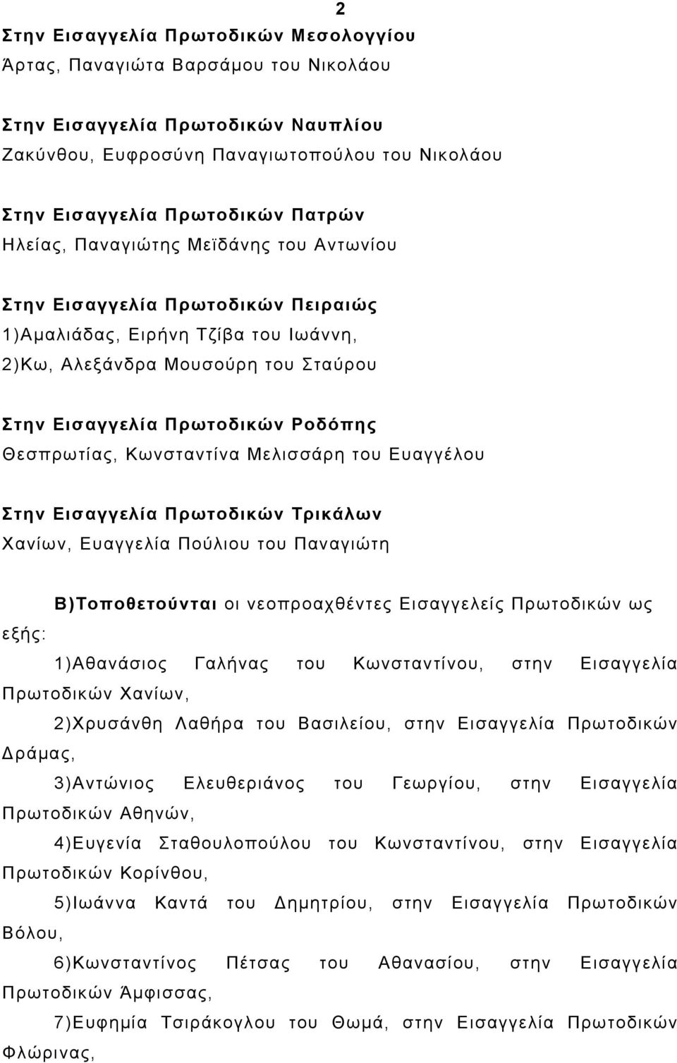 Κωνσταντίνα Μελισσάρη του Ευαγγέλου Στην Εισαγγελία Πρωτοδικών Τρικάλων Χανίων, Ευαγγελία Πούλιου του Παναγιώτη Β)Τοποθετούνται οι νεοπροαχθέντες Εισαγγελείς Πρωτοδικών ως εξής: 1)Αθανάσιος Γαλήνας