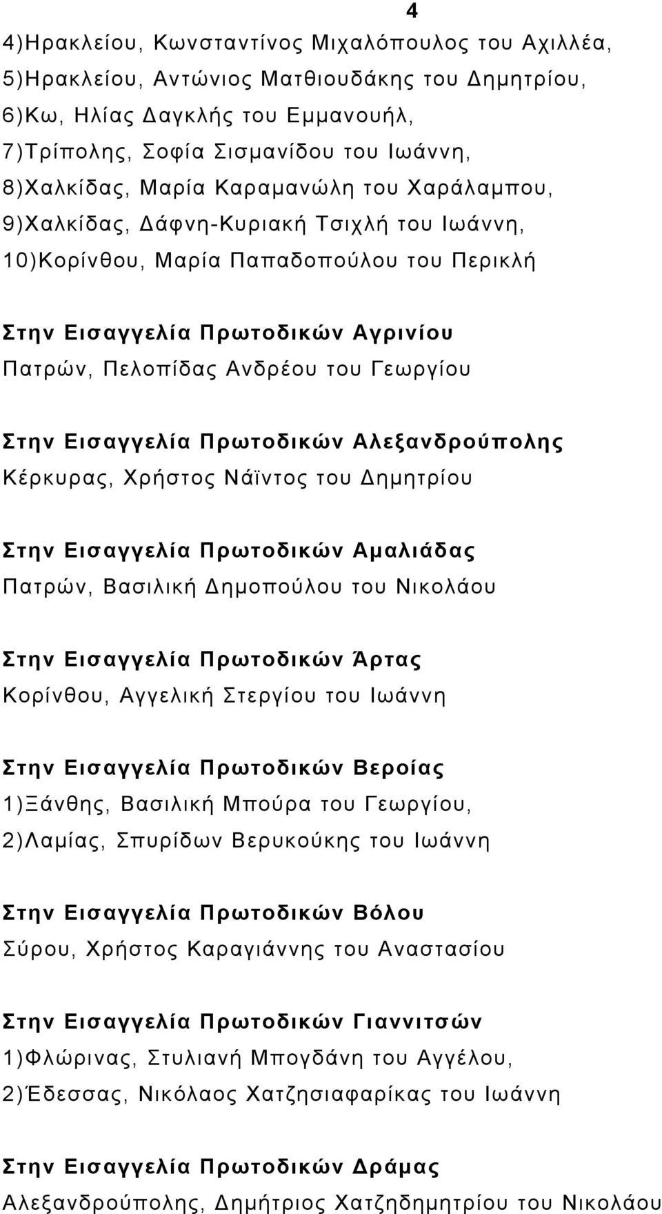 Εισαγγελία Πρωτοδικών Αλεξανδρούπολης Κέρκυρας, Χρήστος Νάϊντος του Δημητρίου Στην Εισαγγελία Πρωτοδικών Αμαλιάδας Πατρών, Βασιλική Δημοπούλου του Νικολάου Στην Εισαγγελία Πρωτοδικών Άρτας Κορίνθου,