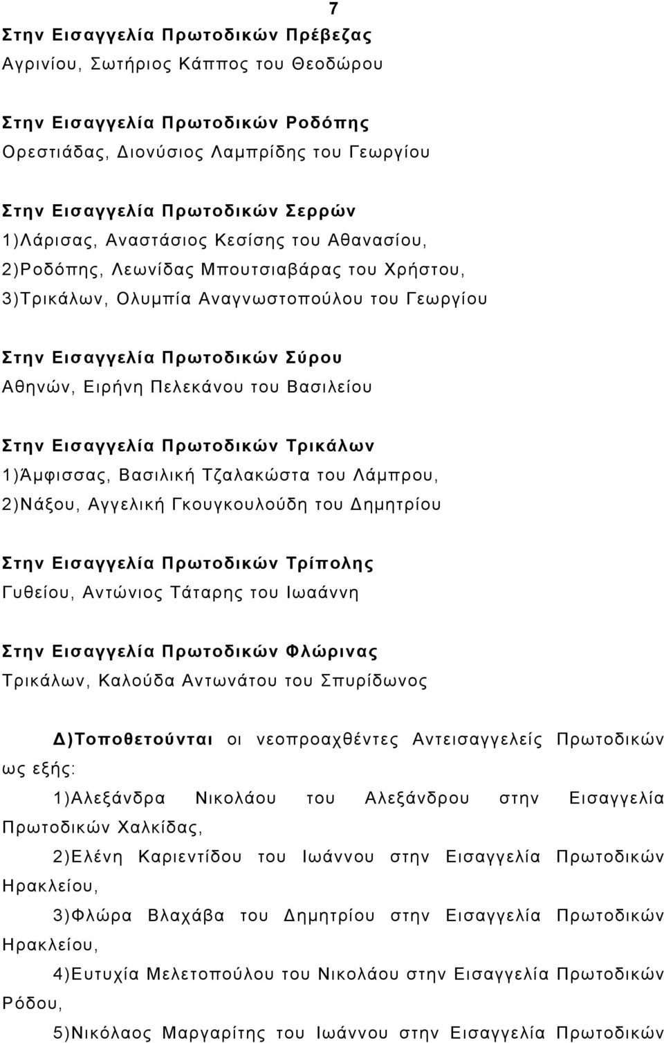 του Βασιλείου Στην Εισαγγελία Πρωτοδικών Τρικάλων 1)Άμφισσας, Βασιλική Τζαλακώστα του Λάμπρου, 2)Νάξου, Αγγελική Γκουγκουλούδη του Δημητρίου Στην Εισαγγελία Πρωτοδικών Τρίπολης Γυθείου, Αντώνιος