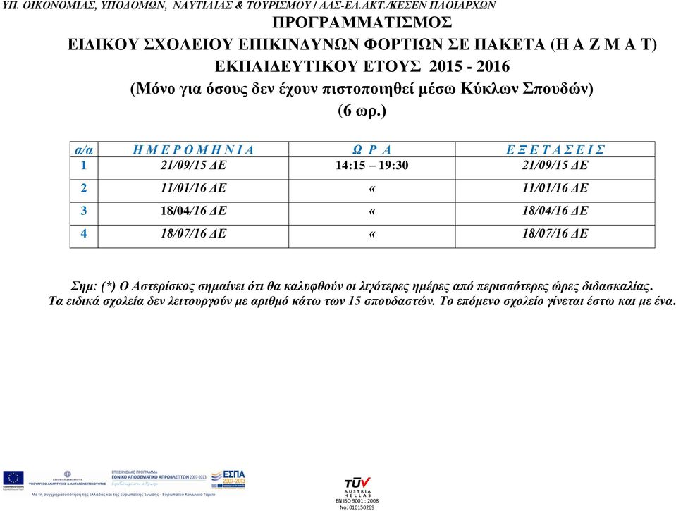 «18/04/16 ΓΔ 4 18/07/16 ΓΔ «18/07/16 ΓΔ ημ: (*) Ο Αζηερίζκος ζημαίνει όηι θα καλσθθούν οι λιγόηερες ημέρες από περιζζόηερες