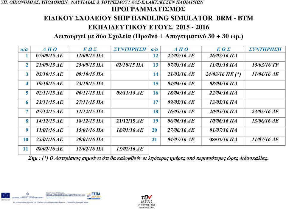 ΠΑ 14 21/03/16 ΓΔ 24/03/16 ΠΔ (*) 11/04/16 ΓΔ 4 19/10/15 ΓΔ 23/10/15 ΠΑ 15 04/04/16 ΓΔ 08/04/16 ΠΑ 5 02/11/15 ΓΔ 06/11/15 ΠΑ 09/11/15 ΓΔ 16 18/04/16 ΓΔ 22/04/16 ΠΑ 6 23/11/15 ΓΔ 27/11/15 ΠΑ 17