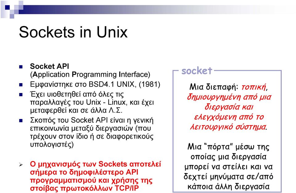 Σκοπός του Socket API είναι η γενική επικοινωνία μεταξύ διεργασιών (που τρέχουν στον ίδιο ή σε διαφορετικούς υπολογιστές) Ο μηχανισμός των Sockets αποτελεί