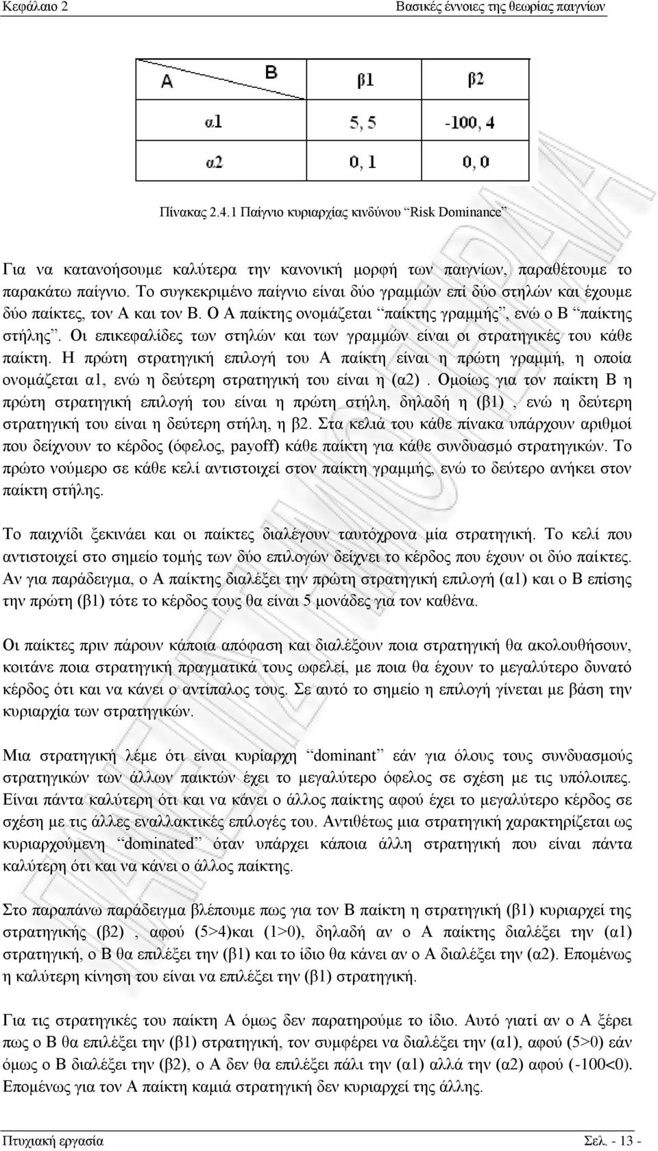 Οι επικεφαλίδες των στηλών και των γραμμών είναι οι στρατηγικές του κάθε παίκτη.