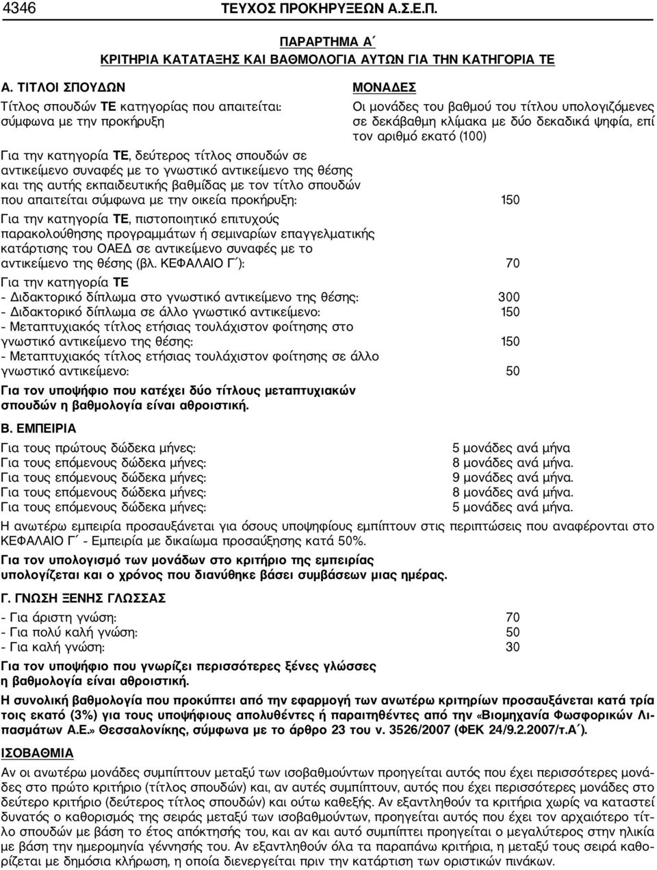 εκατό (100) Για την κατηγορία ΤΕ, δεύτερος τίτλος σπουδών σε αντικείμενο συναφές με το γνωστικό αντικείμενο της θέσης και της αυτής εκπαιδευτικής βαθμίδας με τον τίτλο σπουδών που απαιτείται σύμφωνα