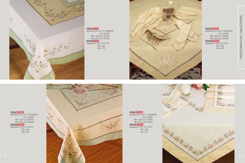 554200 DESIGN f806a 180 x 220 180 x 270 τραπεζομαντηλα / tablecovers ΣΧΕΔΙΟ f805e Διατίθενται σε: ΣΕΤ 5 ΤΕΜΑΧΙΩΝ κωδ. 223600 180 x 220 κωδ.