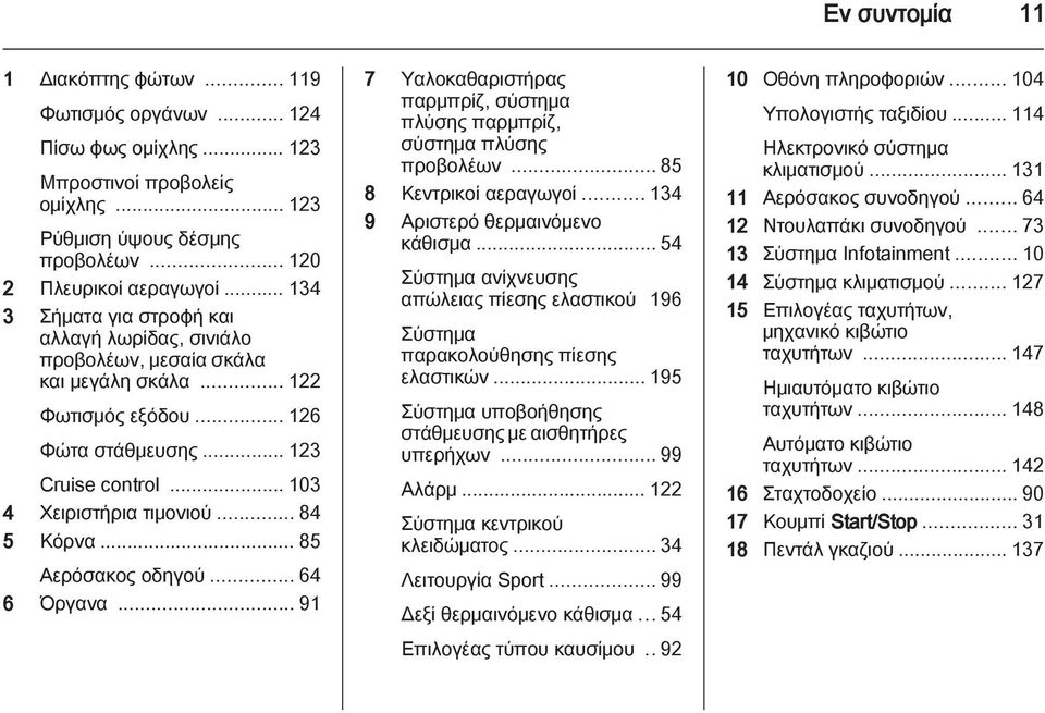 .. 84 5 Κόρνα... 85 Αερόσακος οδηγού... 64 6 Όργανα... 91 7 Υαλοκαθαριστήρας παρμπρίζ, σύστημα πλύσης παρμπρίζ, σύστημα πλύσης προβολέων... 85 8 Κεντρικοί αεραγωγοί.