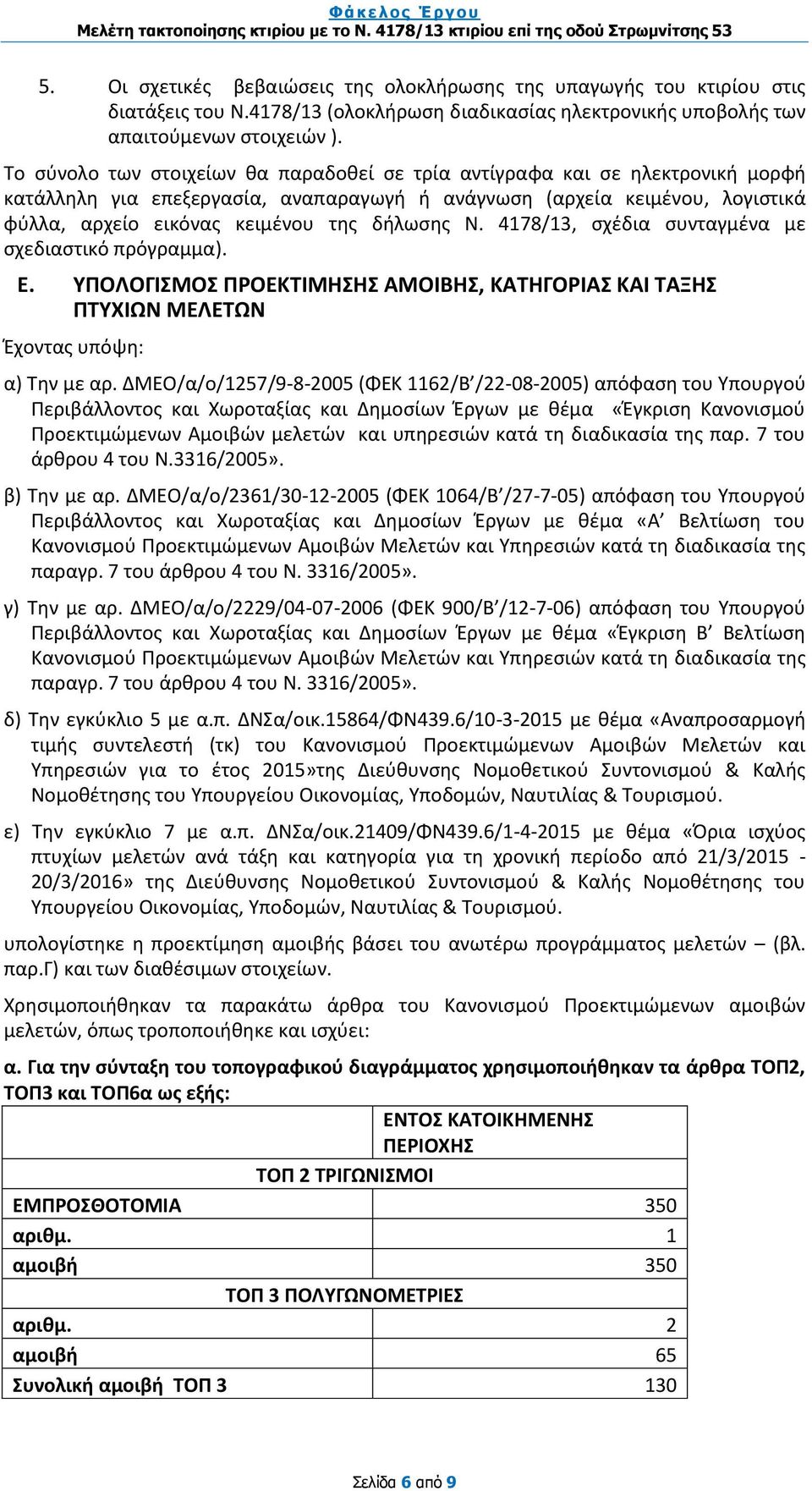 δήλωσης Ν. 4178/13, σχέδια συνταγμένα με σχεδιαστικό πρόγραμμα). Ε. ΥΠΟΛΟΓΙΣΜΟΣ ΠΡΟΕΚΤΙΜΗΣΗΣ ΑΜΟΙΒΗΣ, ΚΑΤΗΓΟΡΙΑΣ ΚΑΙ ΤΑΞΗΣ ΠΤΥΧΙΩΝ ΜΕΛΕΤΩΝ Έχοντας υπόψη: α) Την με αρ.