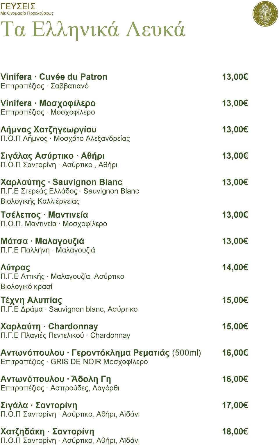 Ε Στερεάς Ελλάδος Sauvignon Blanc Βιολογικής Καλλιέργειας Τσέλεπος Μαντινεία 13,00 Π.Ο.Π. Μαντινεία Μοσχοφίλερο Μάτσα Μαλαγουζιά 13,00 Π.Γ.