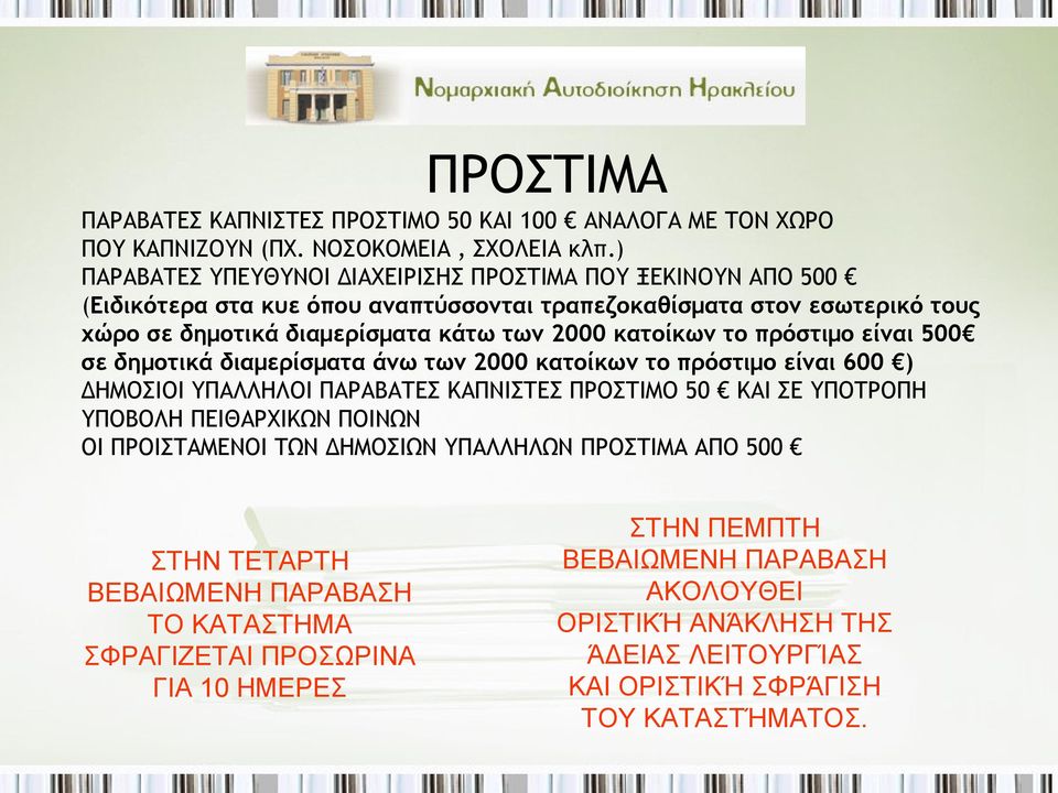 κατοίκων το πρόστιμο είναι 500 σε δημοτικά διαμερίσματα άνω των 2000 κατοίκων το πρόστιμο είναι 600 ) ΔΗΜΟΣΙΟΙ ΥΠΑΛΛΗΛΟΙ ΠΑΡΑΒΑΤΕΣ ΚΑΠΝΙΣΤΕΣ ΠΡΟΣΤΙΜΟ 50 ΚΑΙ ΣΕ ΥΠΟΤΡΟΠΗ ΥΠΟΒΟΛΗ