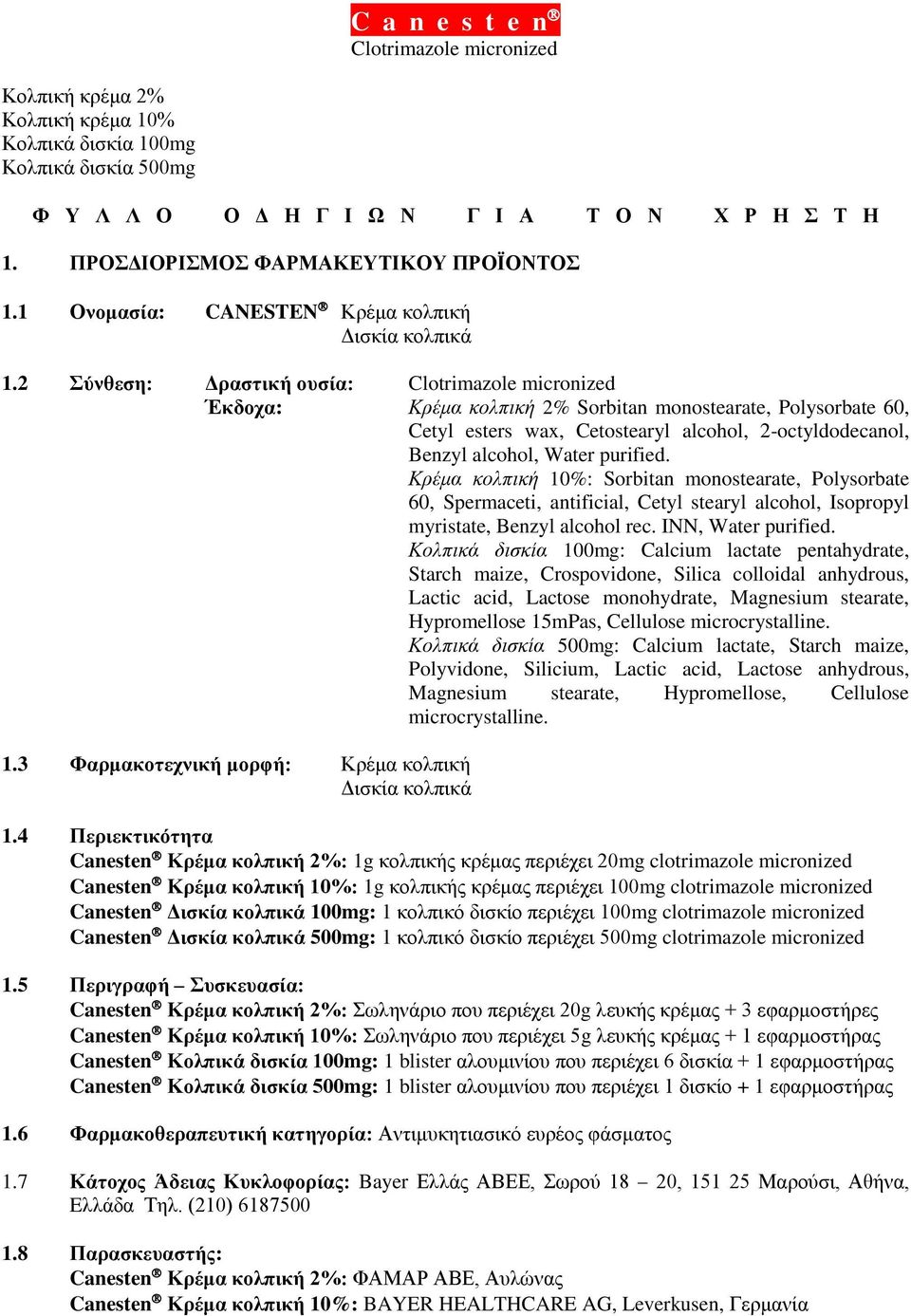 2 Σύνθεση: Δραστική ουσία: Clotrimazole micronized Έκδοχα: Κρέμα κολπική 2% Sorbitan monostearate, Polysorbate 60, Cetyl esters wax, Cetostearyl alcohol, 2-octyldodecanol, Benzyl alcohol, Water