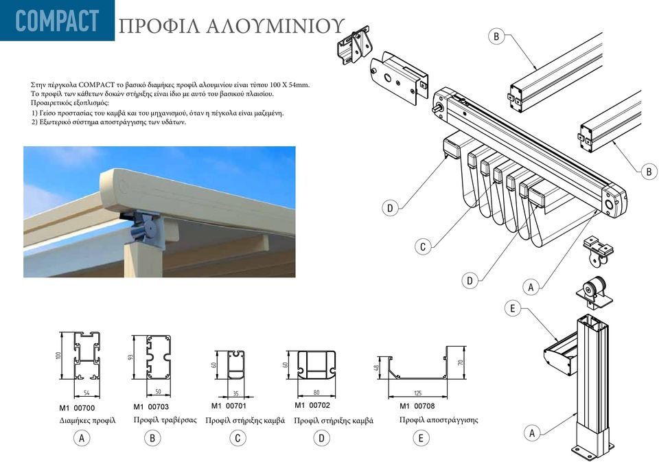 Προαιρετικός εξοπλισμός: 1) Γείσο προστασίας του καμβά και του μηχανισμού, όταν η πέγκολα είναι μαζεμένη. 2) Εξωτερικό σύστημα αποστράγγισης των υδάτων.