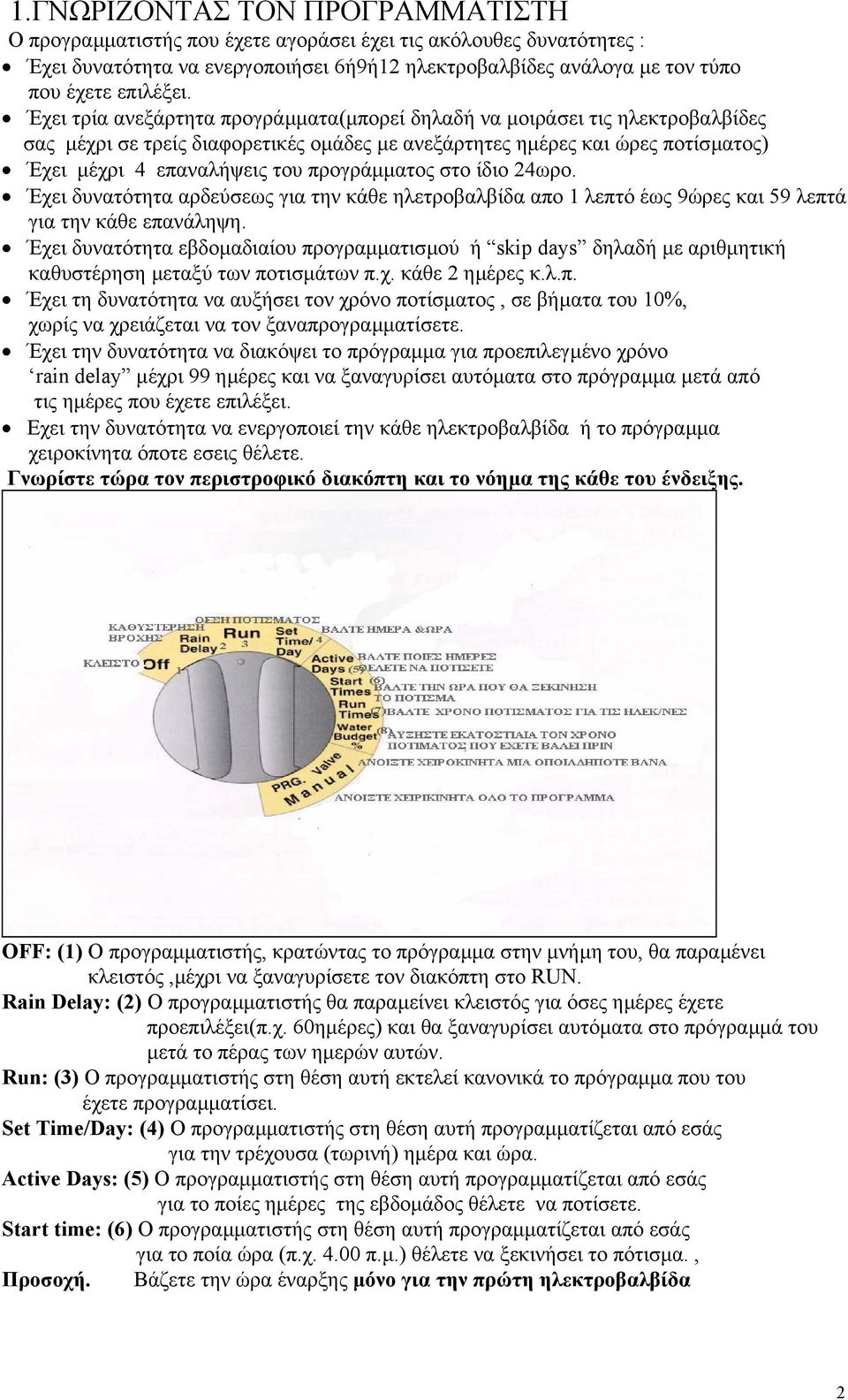 προγράµµατος στο ίδιο 24ωρο. Έχει δυνατότητα αρδεύσεως για την κάθε ηλετροβαλβίδα απο 1 λεπτό έως 9ώρες και 59 λεπτά για την κάθε επανάληψη.