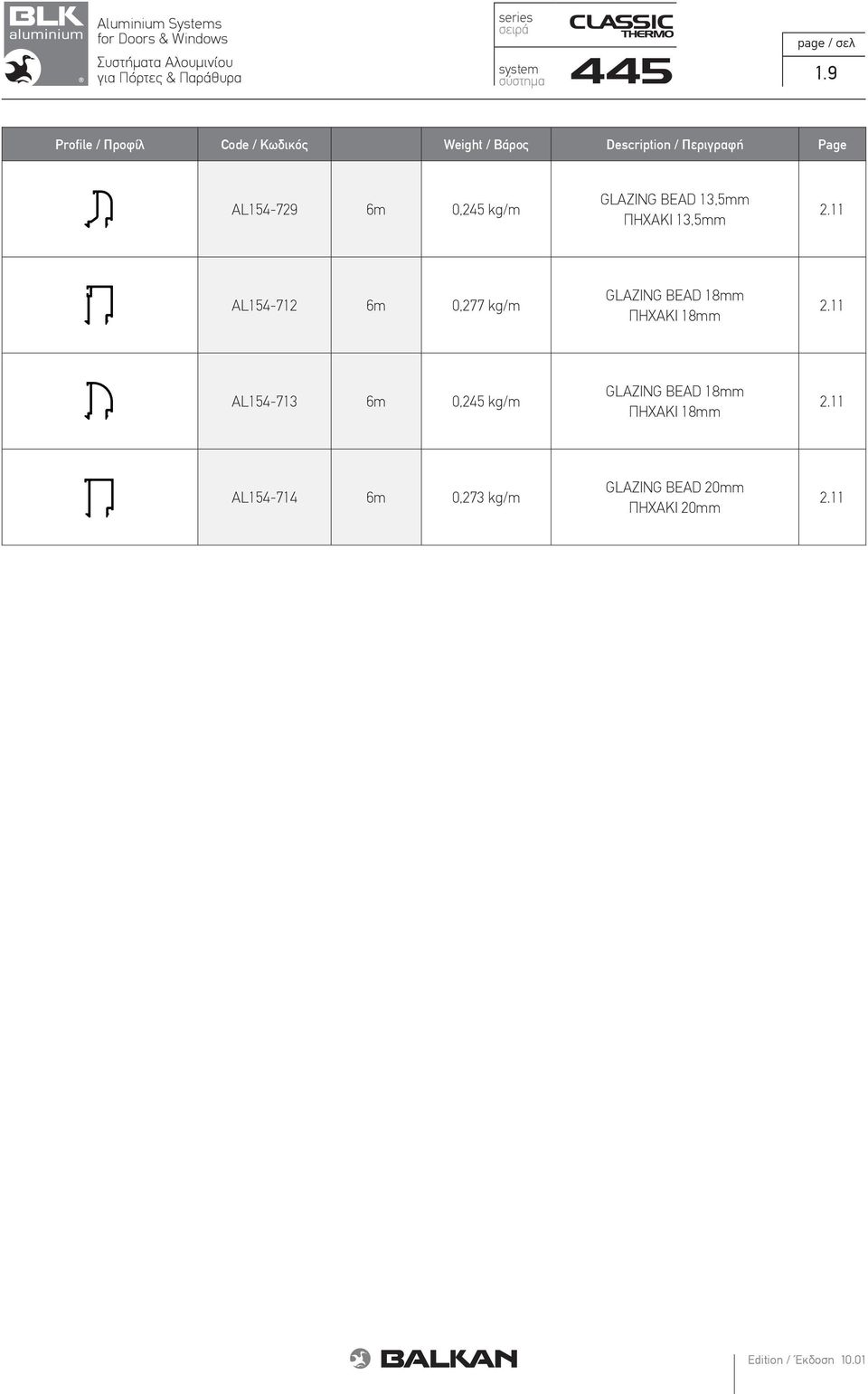 13,5mm 2.11 AL154-712 6m 0,277 kg/m GLAZING BEAD 18mm ΠΗΧΑΚΙ 18mm 2.