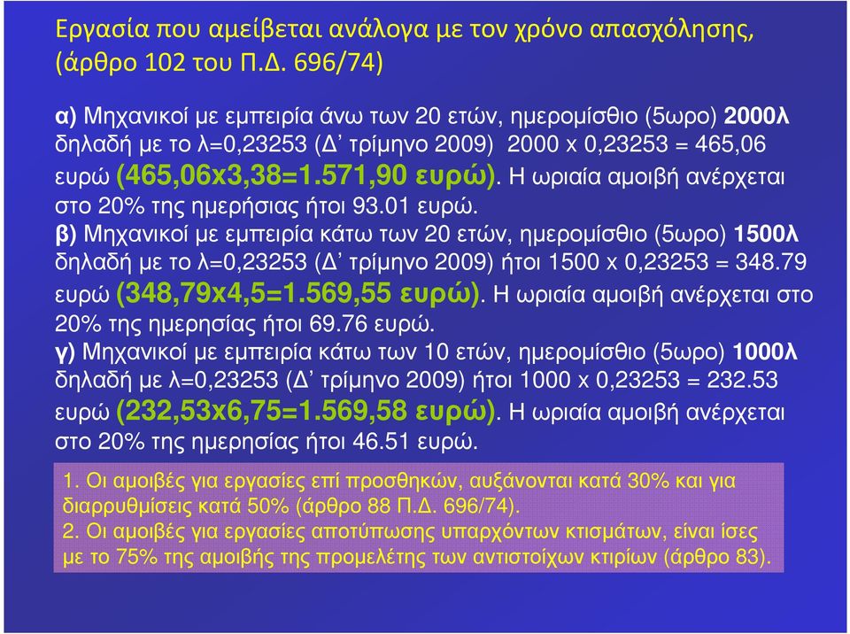 Η ωριαία αµοιβή ανέρχεται στο 20% τηςηµερήσιαςήτοι 93.01ευρώ. β) Μηχανικοί µε εµπειρία κάτω των 20 ετών, ηµεροµίσθιο (5ωρο) 1500λ δηλαδήµετολ=0,23253 ( τρίµηνο 2009) ήτοι 1500 x 0,23253 = 348.