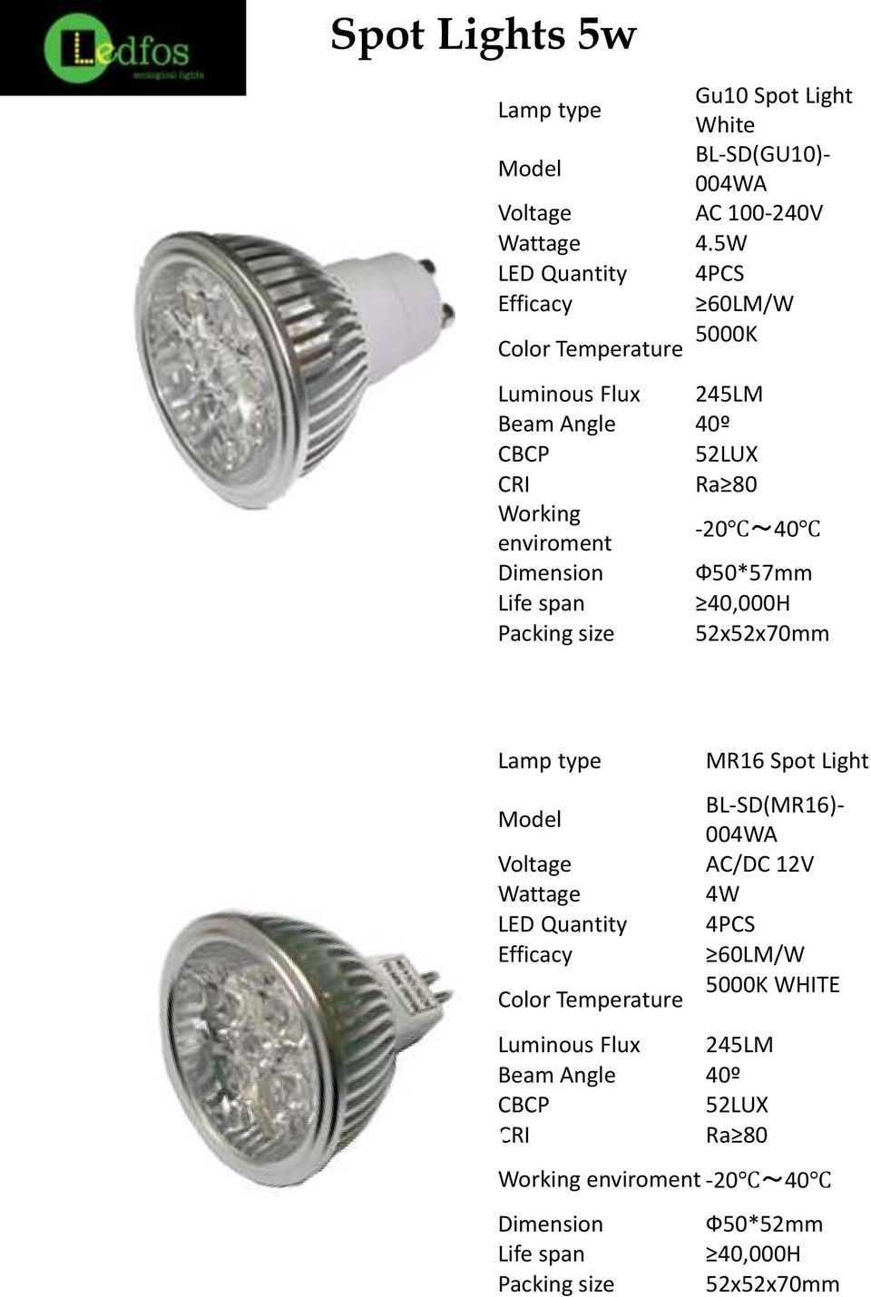 Dimension Ф50*57mm Life span 40,000H Packing size 52x52x70mm Lamp type MR16 Spot Light Model Voltage Wattage LED Quantity Efficacy Color Temperature