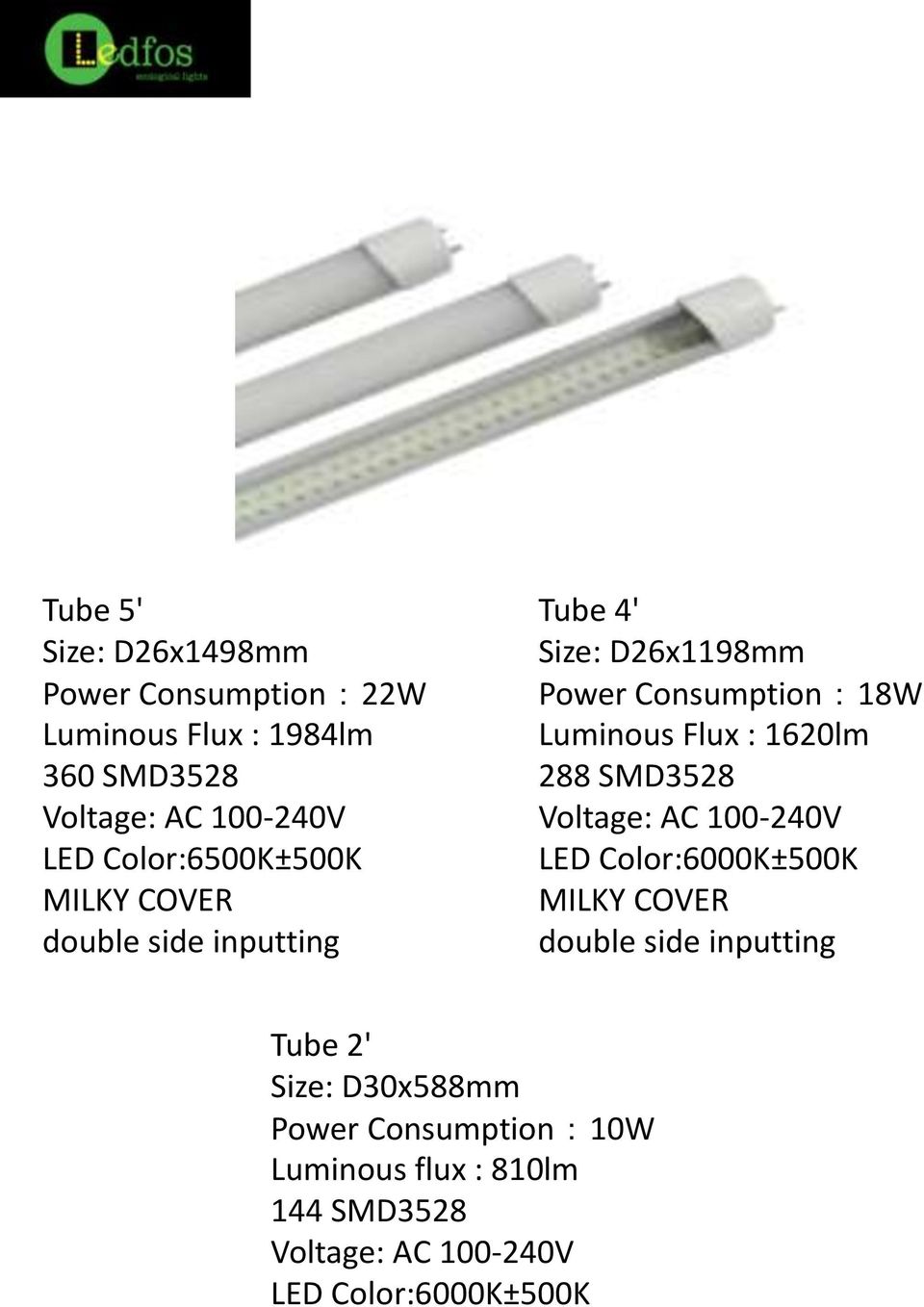 Flux : 1620lm 288 SMD3528 Voltage: AC 100-240V LED Color:6000K±500K MILKY COVER double side inputting Tube 2'