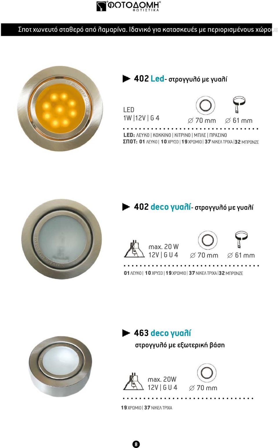 1W 12V G 4 70 mm 61 mm LED: ΛΕΥΚΟ ΚΟΚΚΙΝΟ ΚΙΤΡΙΝΟ ΜΠΛΕ ΠΡΑΣΙΝΟ ΣΠOT: 402 deco
