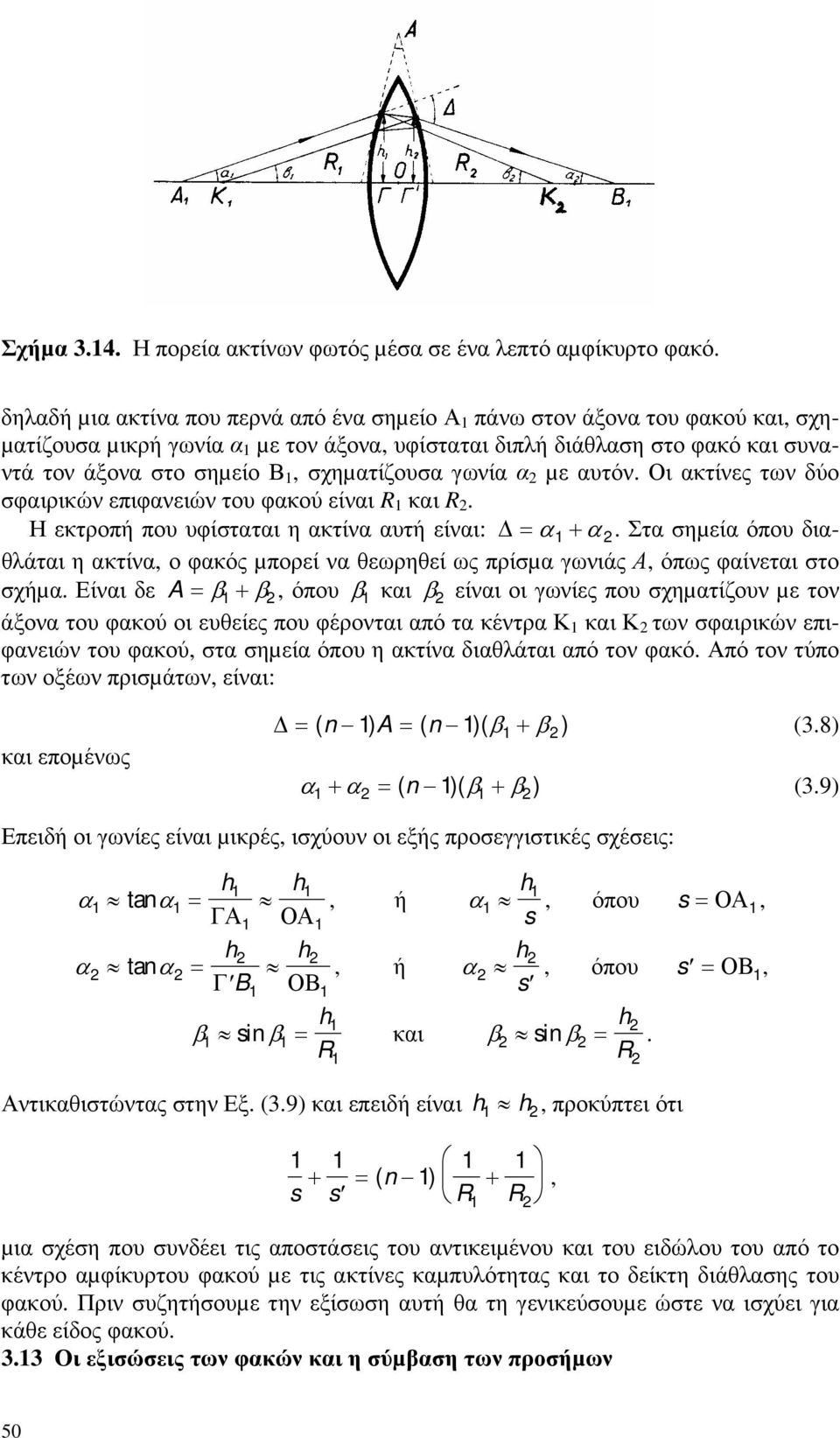 σχηµατίζουσα γωνία α 2 µε αυτόν. Οι ακτίνες των δύο σφαιρικών επιφανειών του φακού είναι R 1 και R 2. Η εκτροπή που υφίσταται η ακτίνα αυτή είναι: = α1+ α 2.