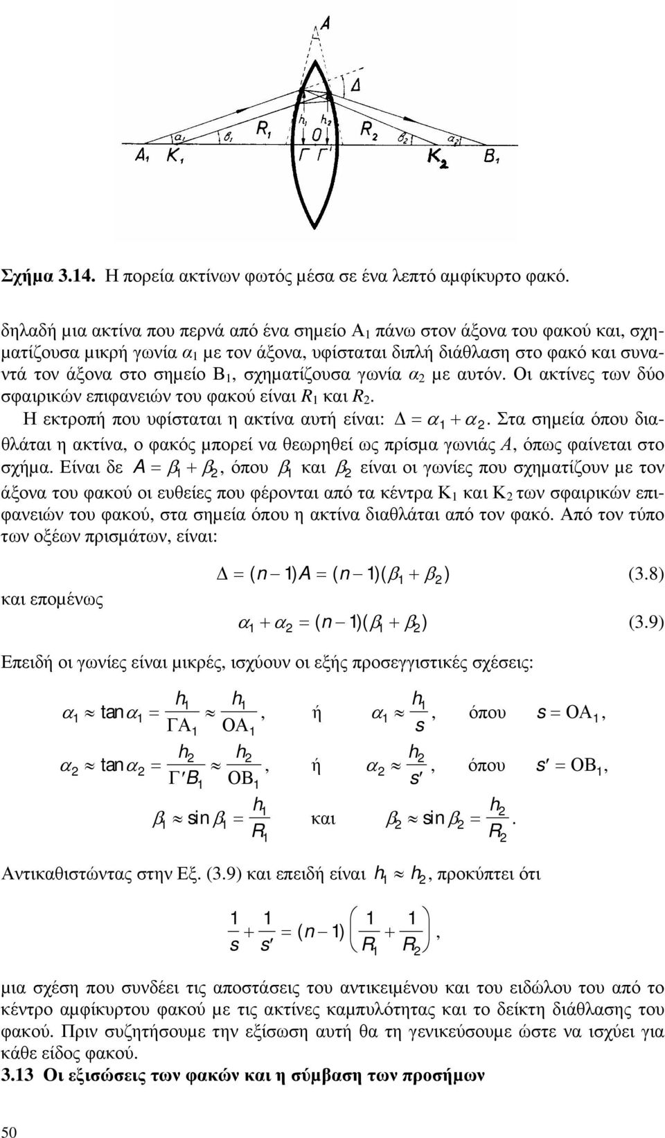 σχηµατίζουσα γωνία α 2 µε αυτόν. Οι ακτίνες των δύο σφαιρικών επιφανειών του φακού είναι R 1 και R 2. Η εκτροπή που υφίσταται η ακτίνα αυτή είναι: = α1+ α 2.