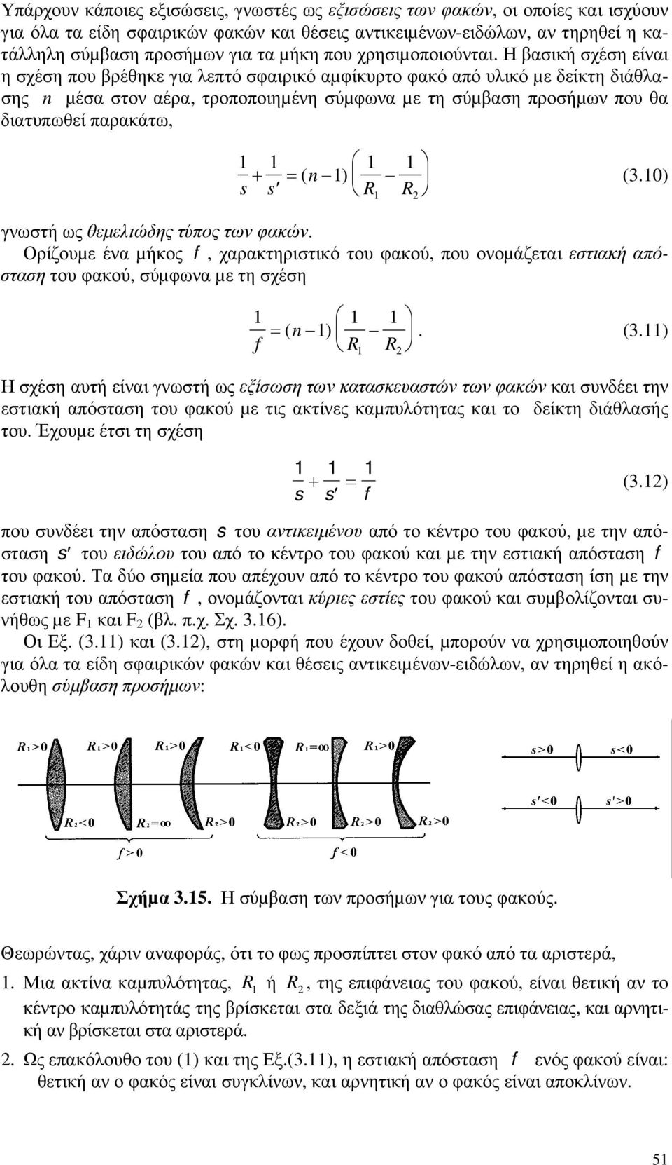 Η βασική σχέση είναι η σχέση που βρέθηκε για λεπτό σφαιρικό αµφίκυρτο φακό από υλικό µε δείκτη διάθλασης n µέσα στον αέρα, τροποποιηµένη σύµφωνα µε τη σύµβαση προσήµων που θα διατυπωθεί παρακάτω, 1 1