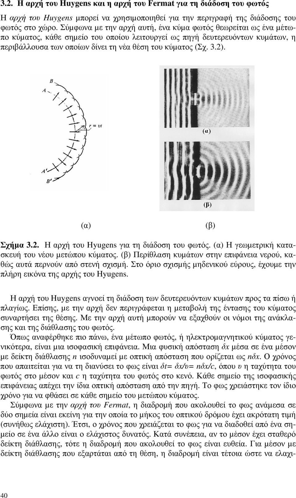 3.2). (α) (β) Σχήµα 3.2. Η αρχή του Hyugens για τη διάδοση του φωτός. (α) Η γεωµετρική κατασκευή του νέου µετώπου κύµατος.