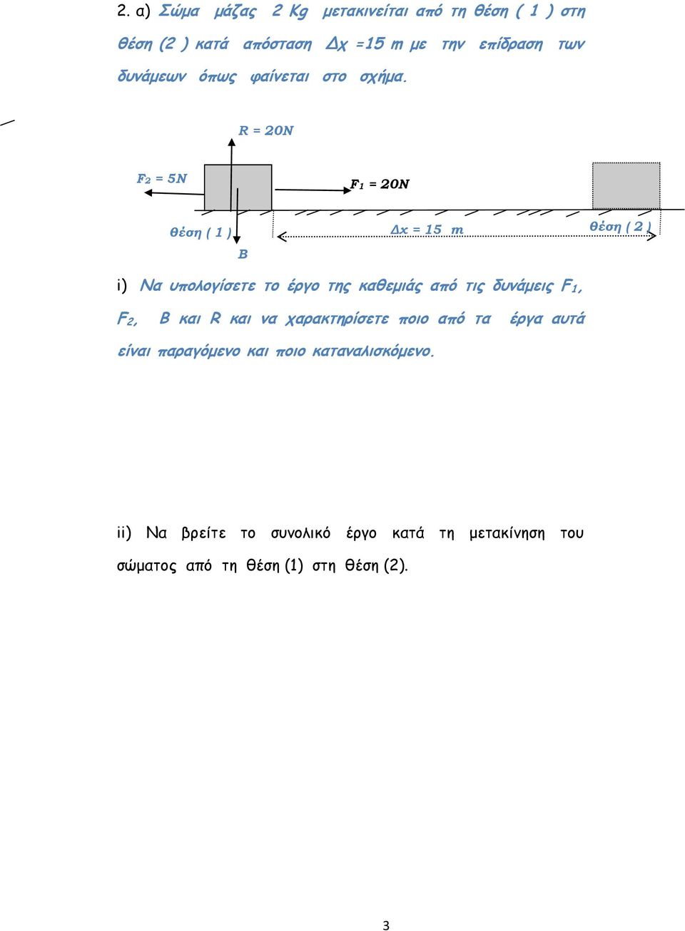 R = 20N F2 = 5N F1 = 20N θέση ( 1 ) B Δχ = 15 m θέση ( 2 ) i) Να υπολογίσετε το έργο της καθεμιάς από τις