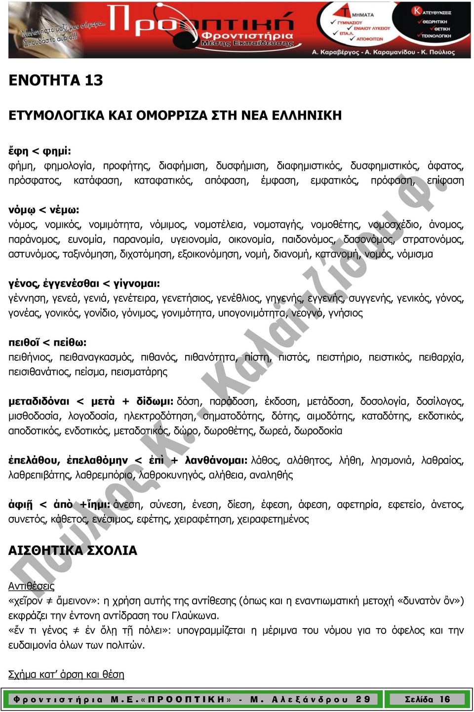 παιδονόμος, δασονόμος, στρατονόμος, αστυνόμος, ταξινόμηση, διχοτόμηση, εξοικονόμηση, νομή, διανομή, κατανομή, νομός, νόμισμα γένος, ἐγγενέσθαι < γίγνομαι: γέννηση, γενεά, γενιά, γενέτειρα,