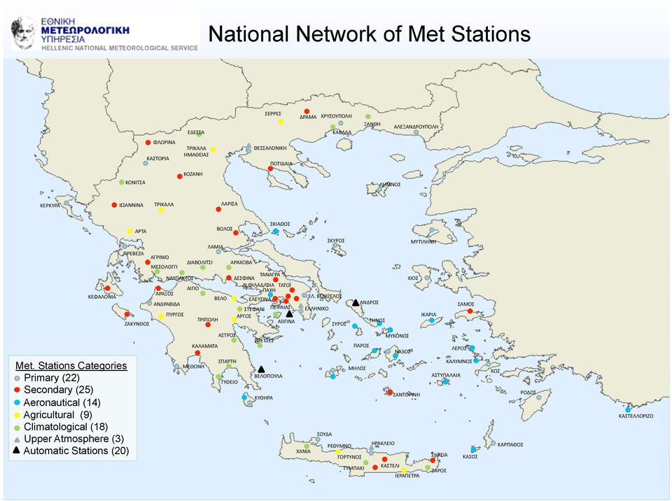 Stations Categories Primary (22) Secondary (25) Aeronautical (14) Agricultural (9) Climatological (18) Upper Atmosphere (3) Automatic Stations (20) ΑΡΤΑ ΒΟΛΟΣ ΣΚΙΑΘΟΣ ΛΑΜΙΑ ΠΡΕΒΕΖΑ ΑΓΡΙΝΙΟ ΔΙΑΒΟΛΙΤΣΙ