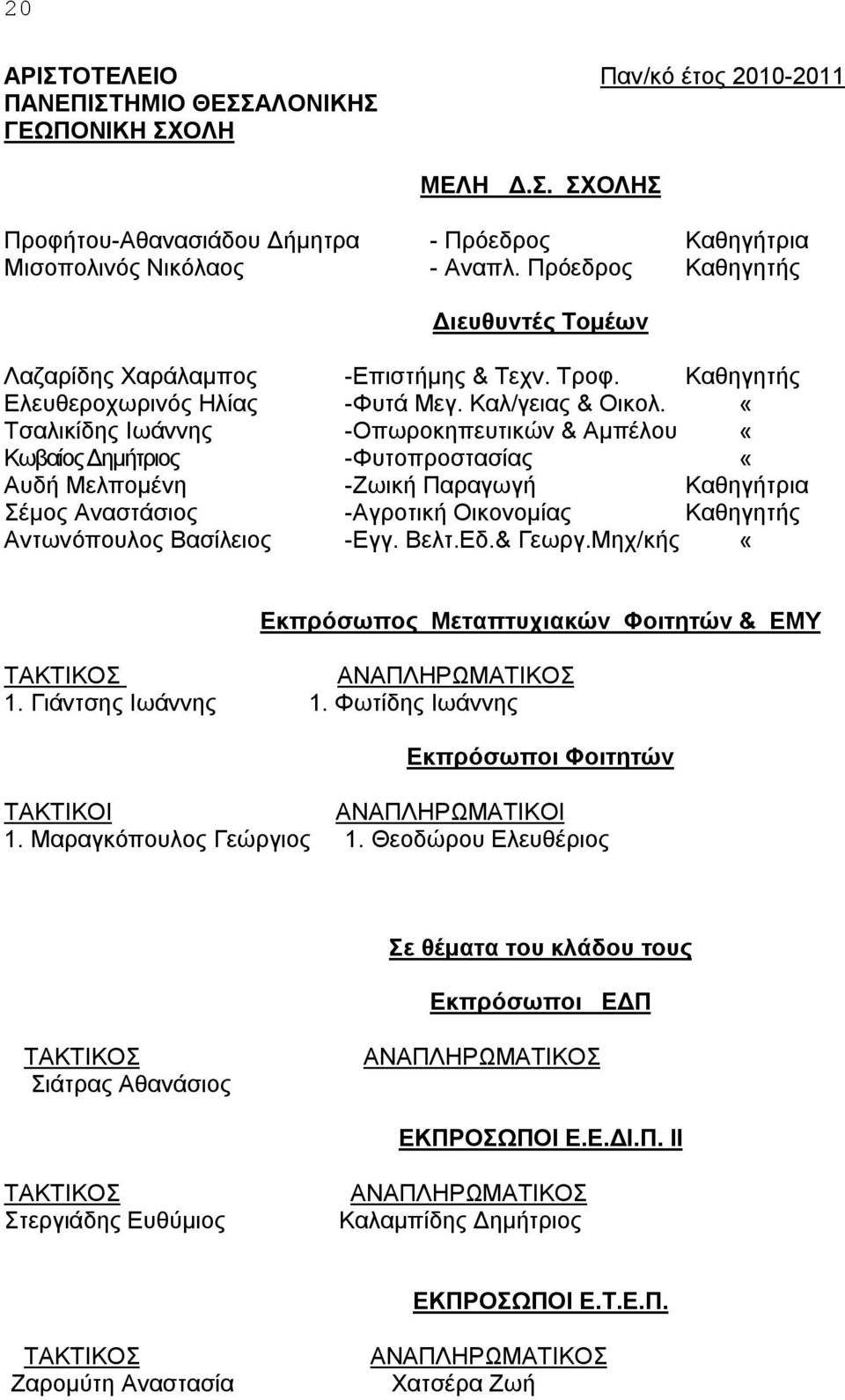 «Τσαλικίδης Ιωάννης -Οπωροκηπευτικών & Αμπέλου «Κωβαίος Δημήτριος -Φυτοπροστασίας «Αυδή Μελπομένη -Ζωική Παραγωγή Καθηγήτρια Σέμος Αναστάσιος -Αγροτική Οικονομίας Καθηγητής Αντωνόπουλος Βασίλειος